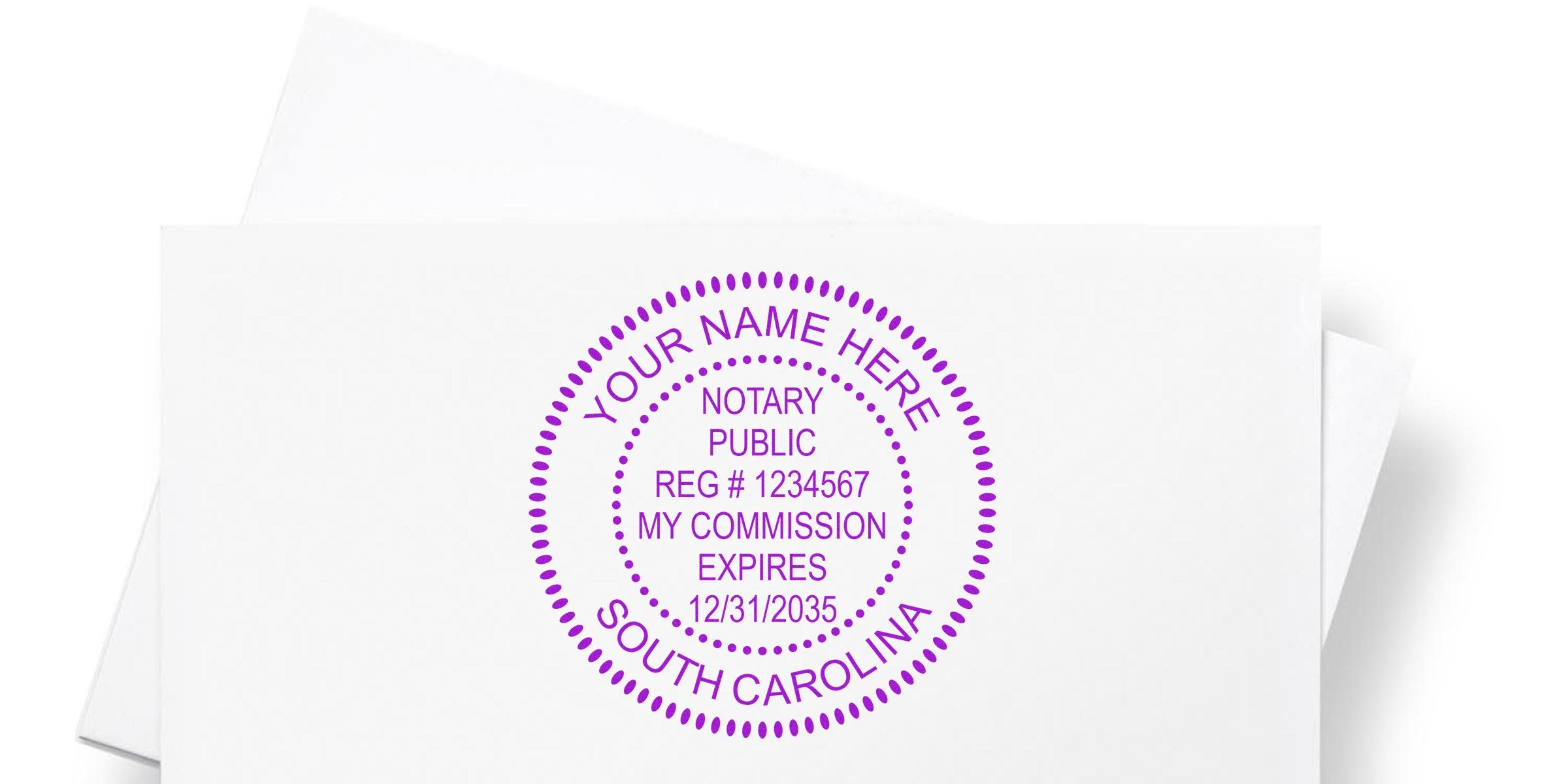 South Carolina notary seal with customizable name and commission expiration date, designed to meet all SC notary seal requirements.