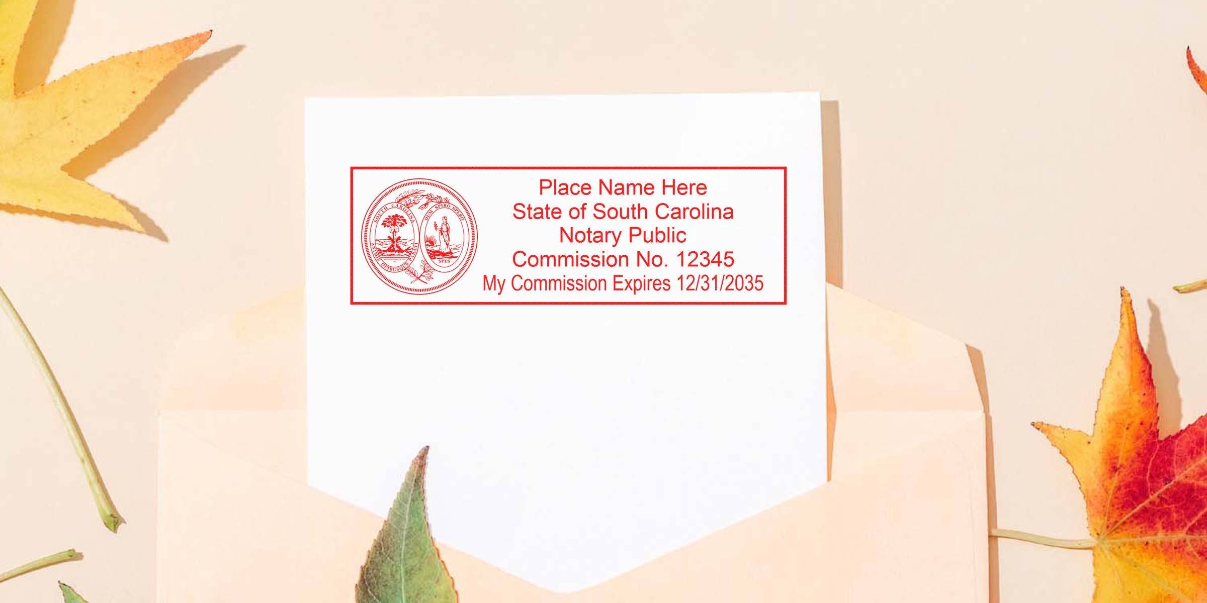 South Carolina notary public stamp on white paper with autumn leaves, highlighting SC notary stamp renewal and renewal requirements.