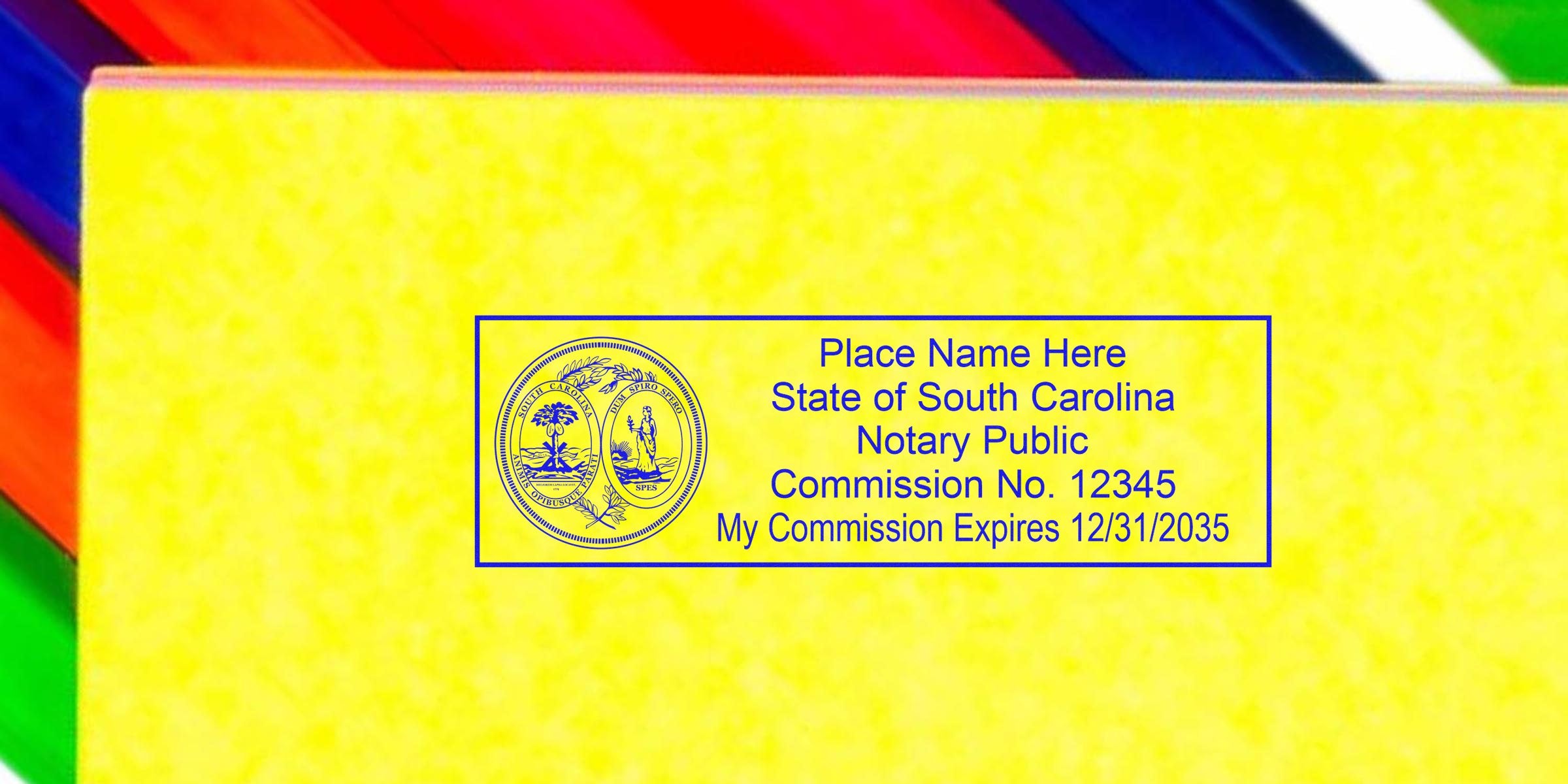 South Carolina notary stamp with commission number and expiration date on yellow background, compliant with state requirements.