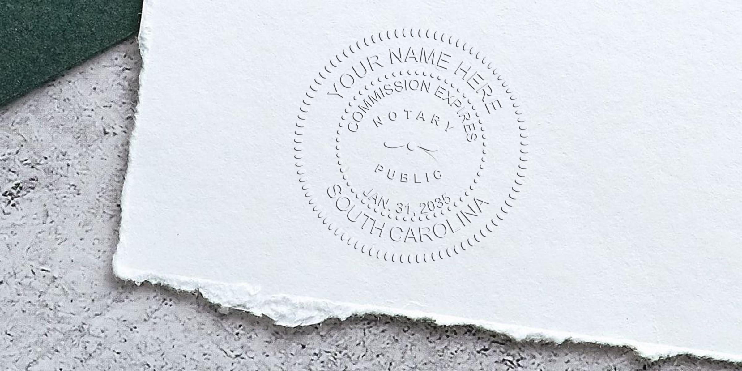 South Carolina notary embossed seal on white paper, perfect for official document certification and ideal for purchasing notary supplies.
