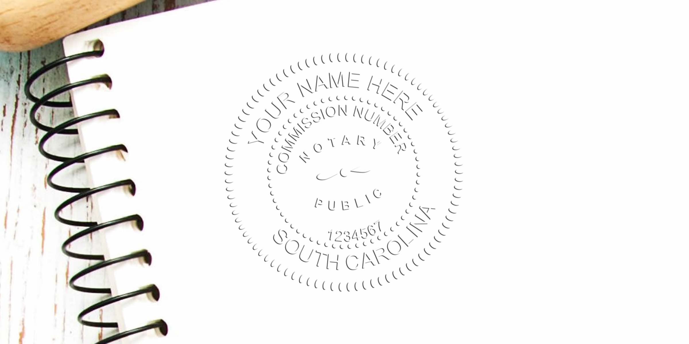 South Carolina notary seal stamp on a notebook page, meeting SC notary seal requirements.
