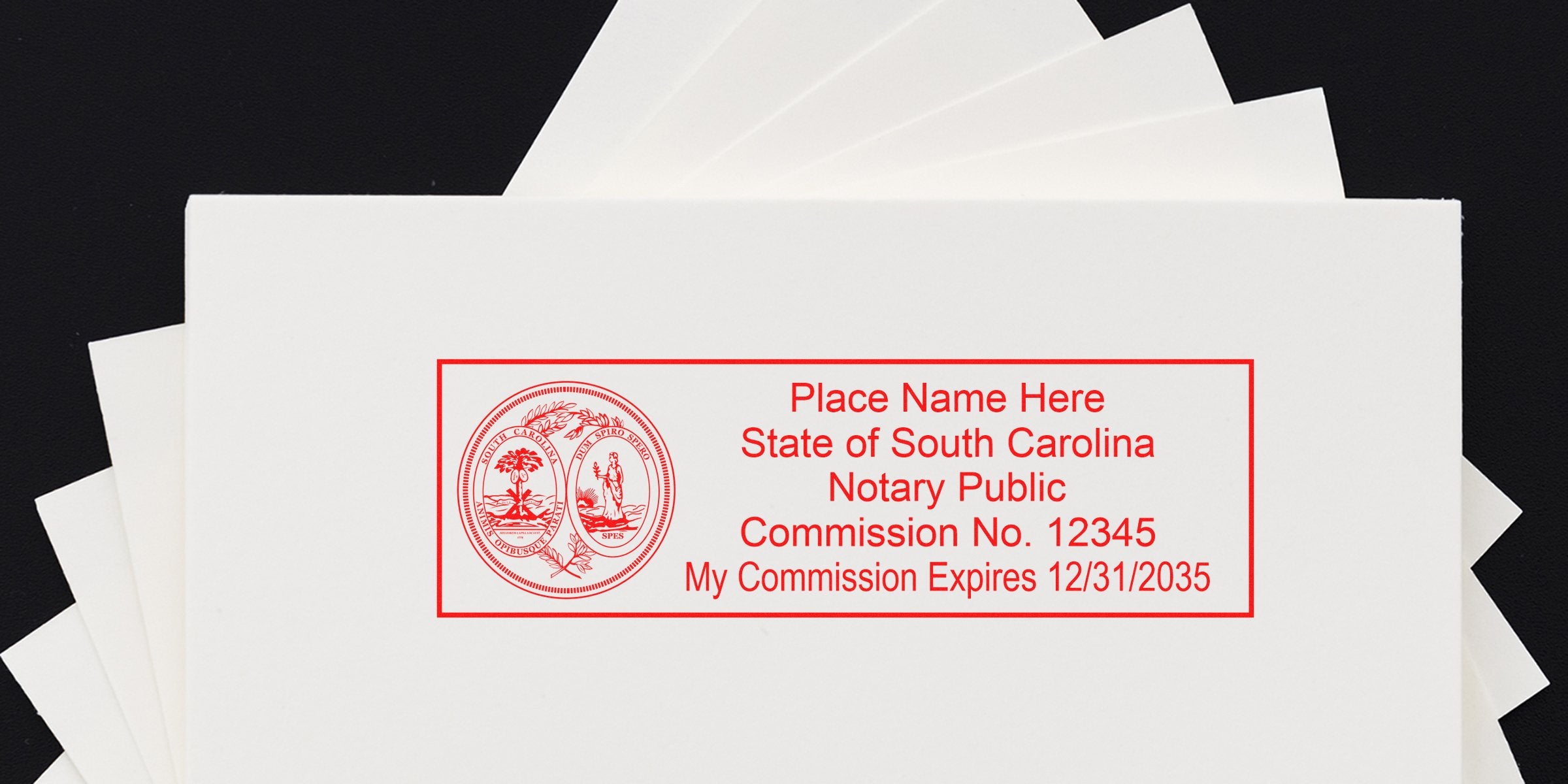 South Carolina notary public stamp on white paper showing commission number and expiration date, essential notary supplies and tools for South Carolina.