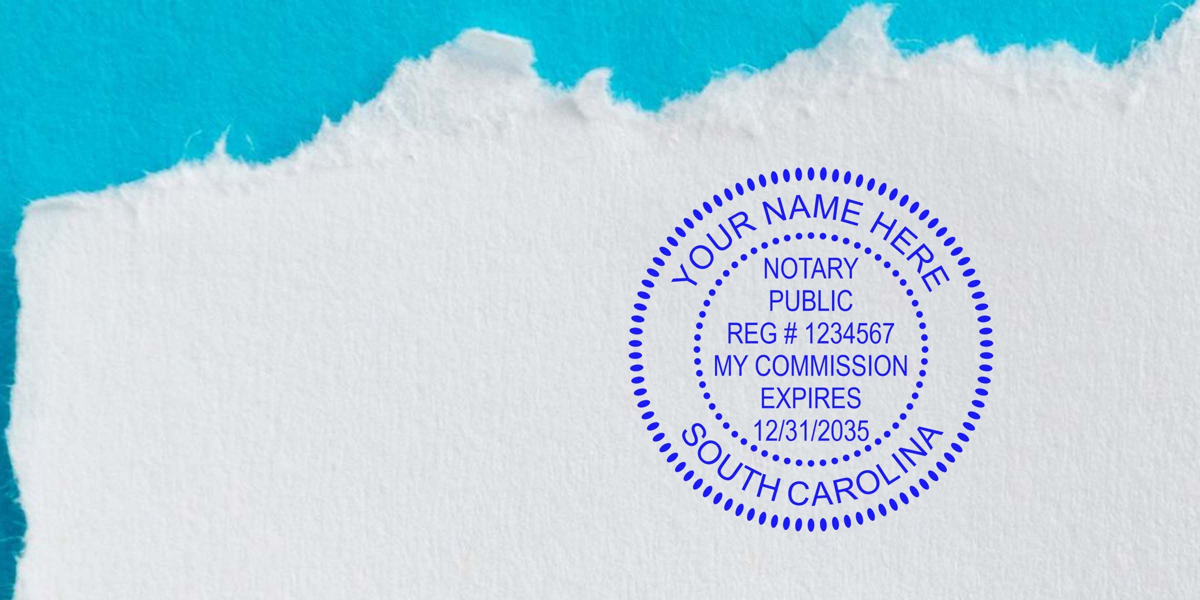 Notary South Carolina stamp on torn white paper with blue background, showing steps to become a notary.