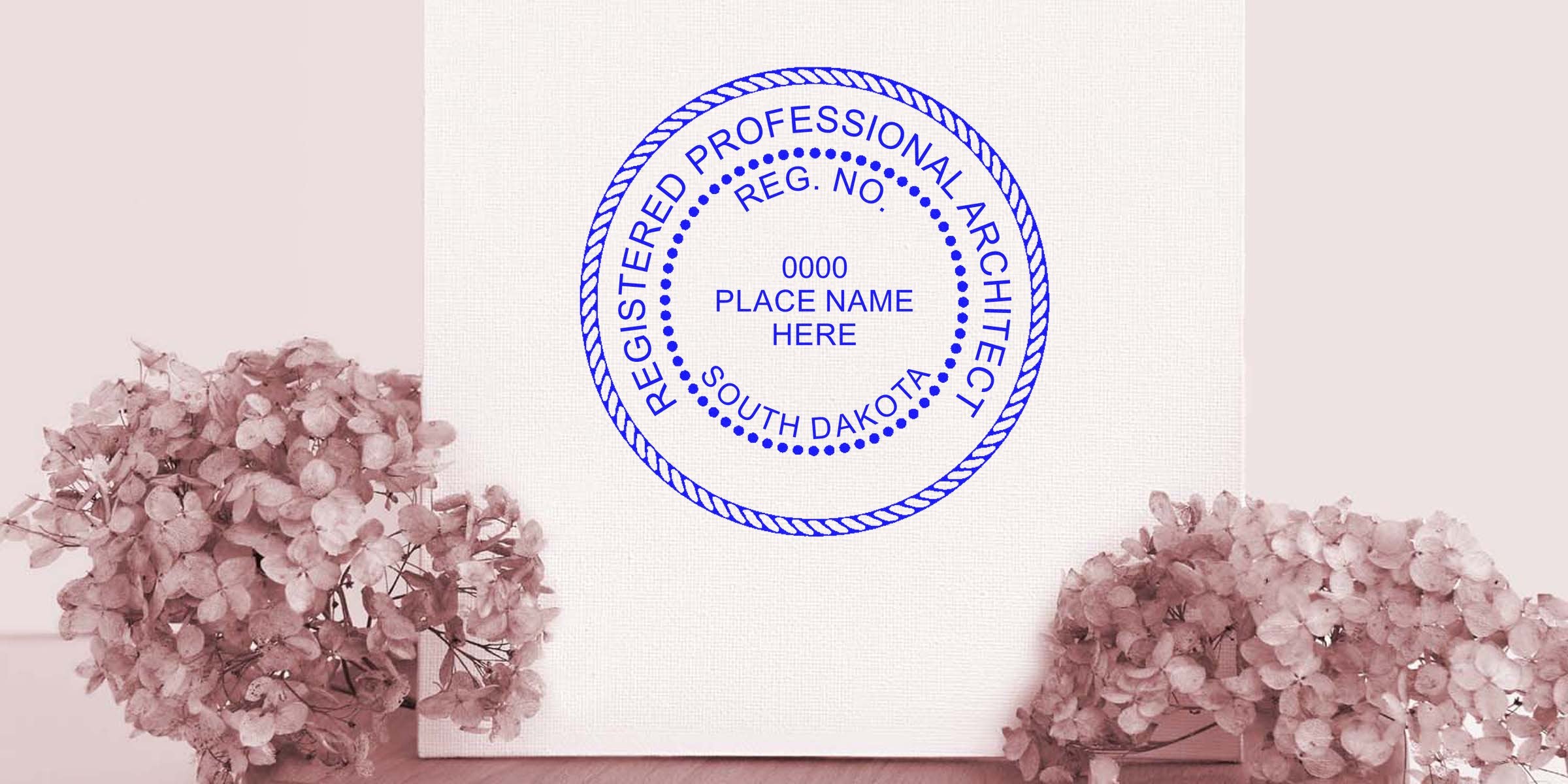 South Dakota architect seal on white canvas with pink flowers, showing steps to purchase the seal.