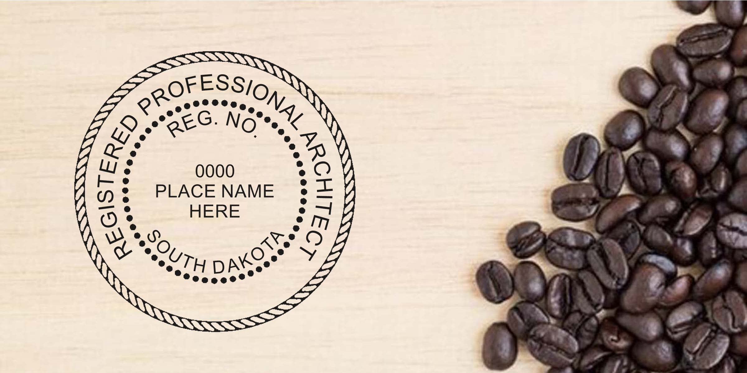 Registered South Dakota architect seal with coffee beans on wood, emphasizing architect seal requirements.
