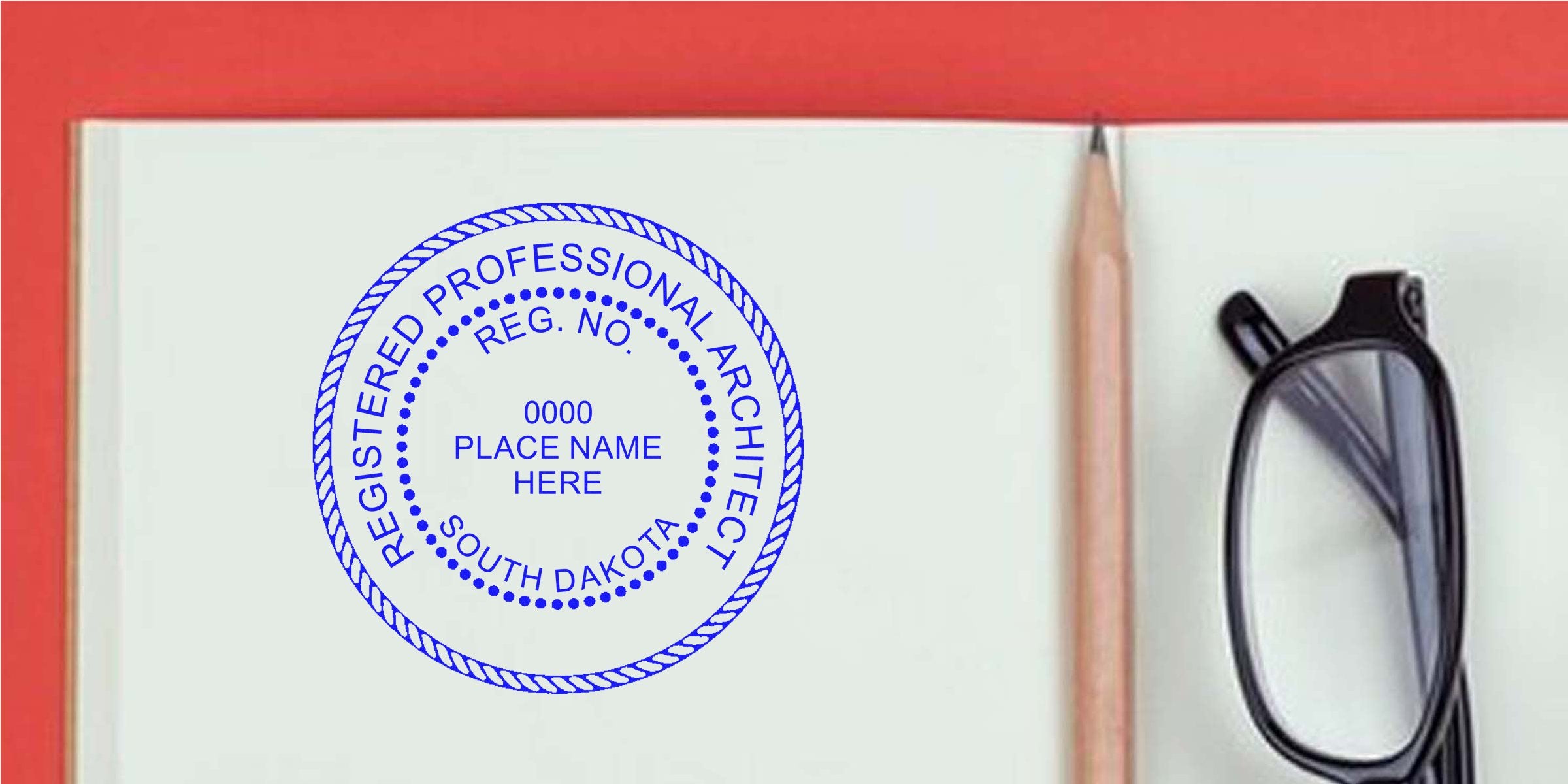 South Dakota registered architect seal on notebook with pencil and glasses, showcasing stamp size and architect stamp requirements in South Dakota.