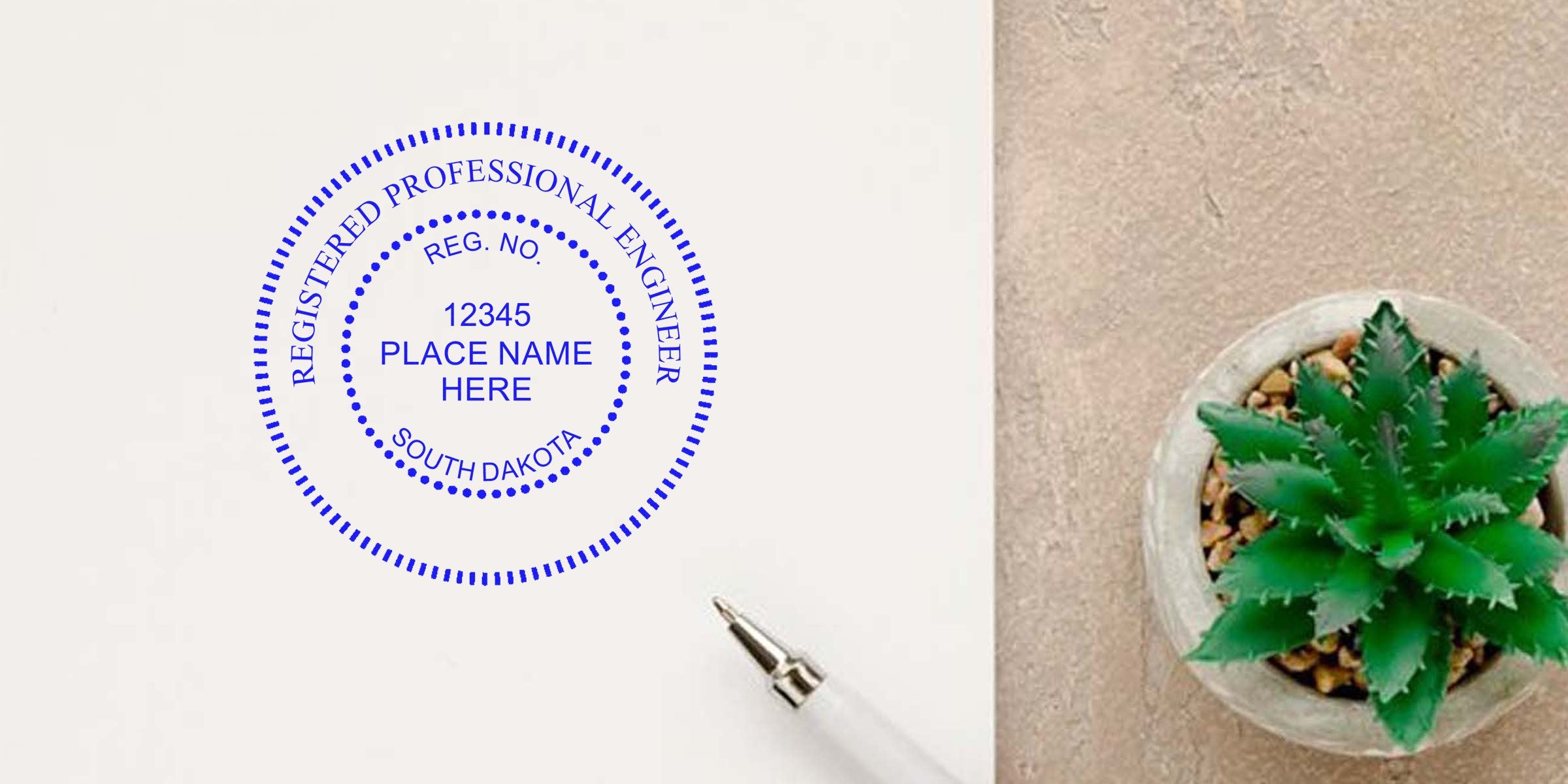 South Dakota engineer stamp and professional engineer seal on white paper with a pen and green succulent plant.