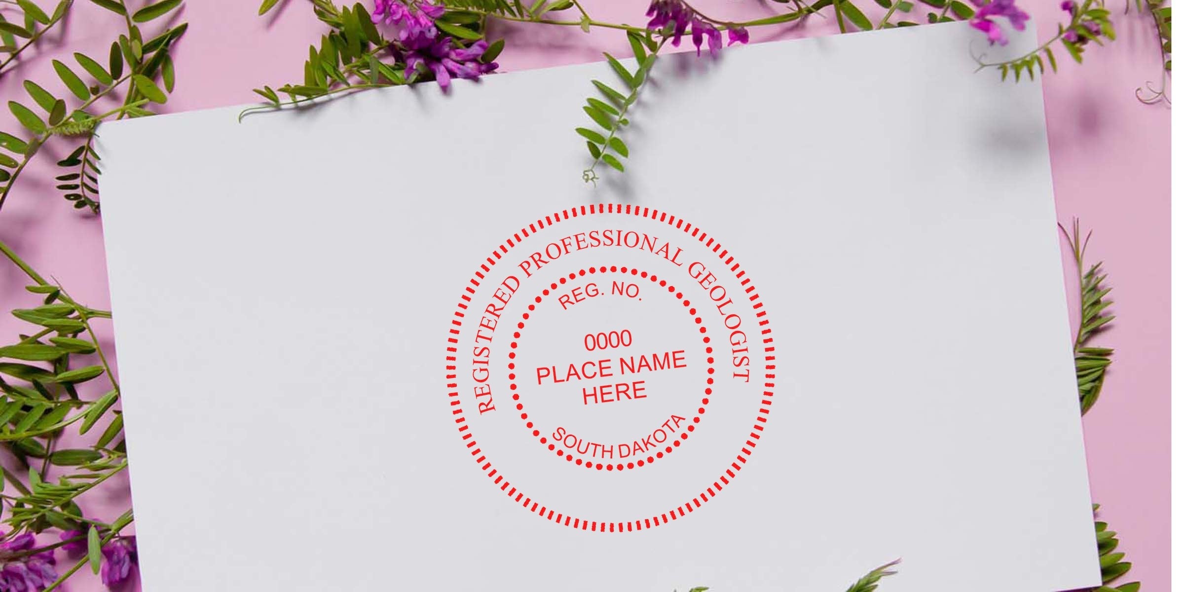 Professional geologist stamp on white paper with floral background, showing South Dakota geologist seal and certification, linked to online geologist stamp application.