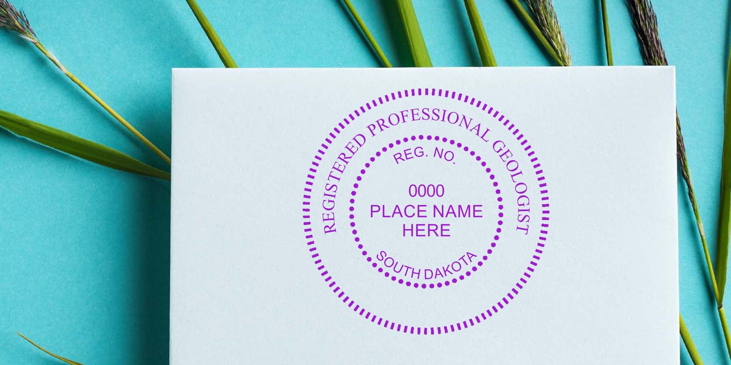 South Dakota Geologist Stamp embossed on white paper with green plants against a blue background, highlighting professional embossing and official certification seal.