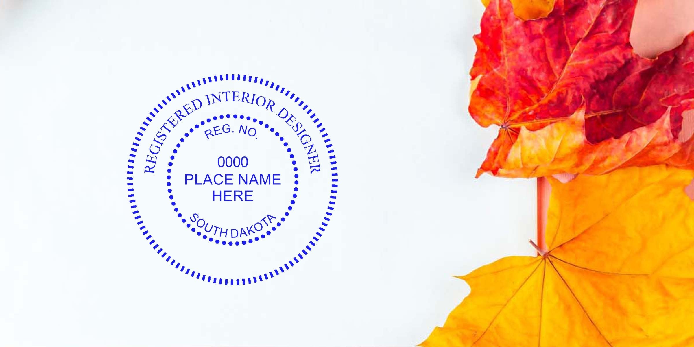 Registered interior designer seal with autumn leaves on white, showing South Dakota interior design certification, seal size specs, and SD seal dimensions.