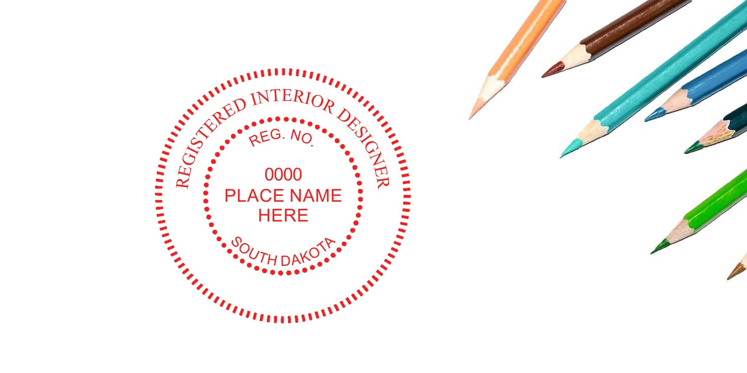 South Dakota interior designer stamp with colored pencils, symbolizing interior design licensing in South Dakota.