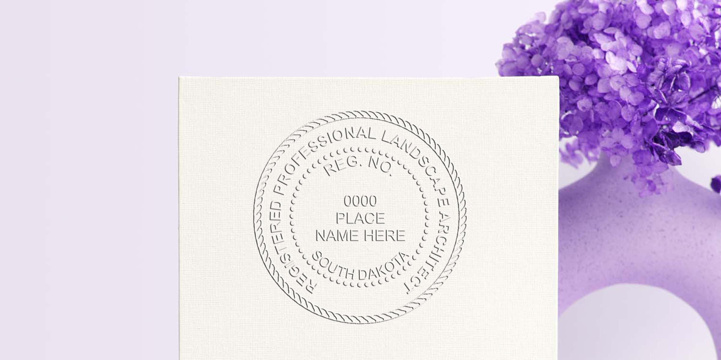 South Dakota landscape architect seal on canvas with purple flowers in vase, depicting landscape architect compliance guidelines.