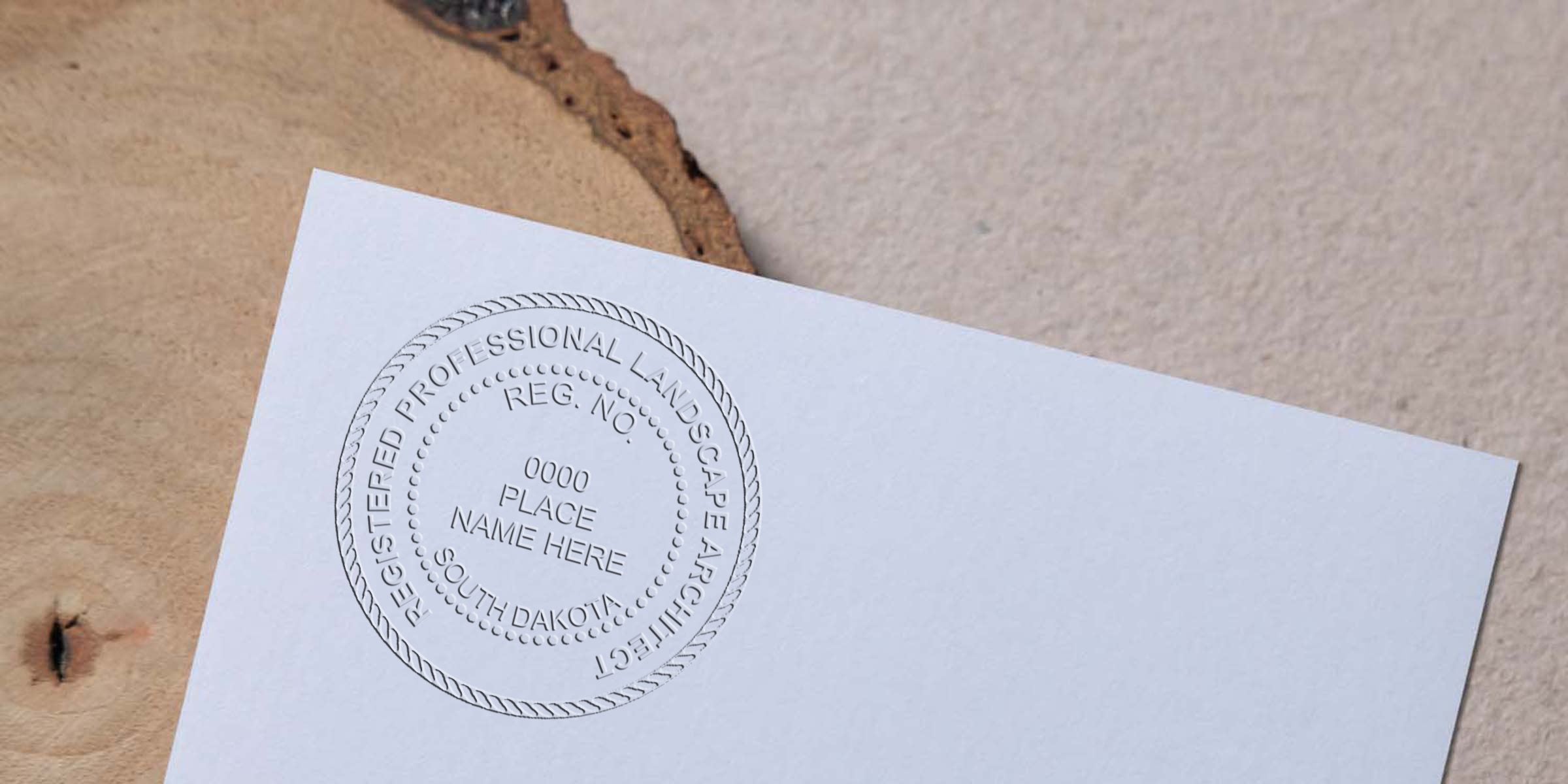 Embossed South Dakota landscape architect seal on white paper, made with a landscape architect embosser for certification.