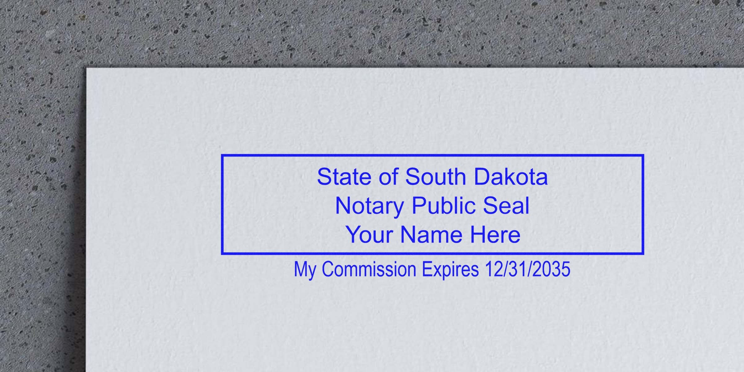 South Dakota notary seal on white paper with commission expiration date. Buy South Dakota notary seals here.