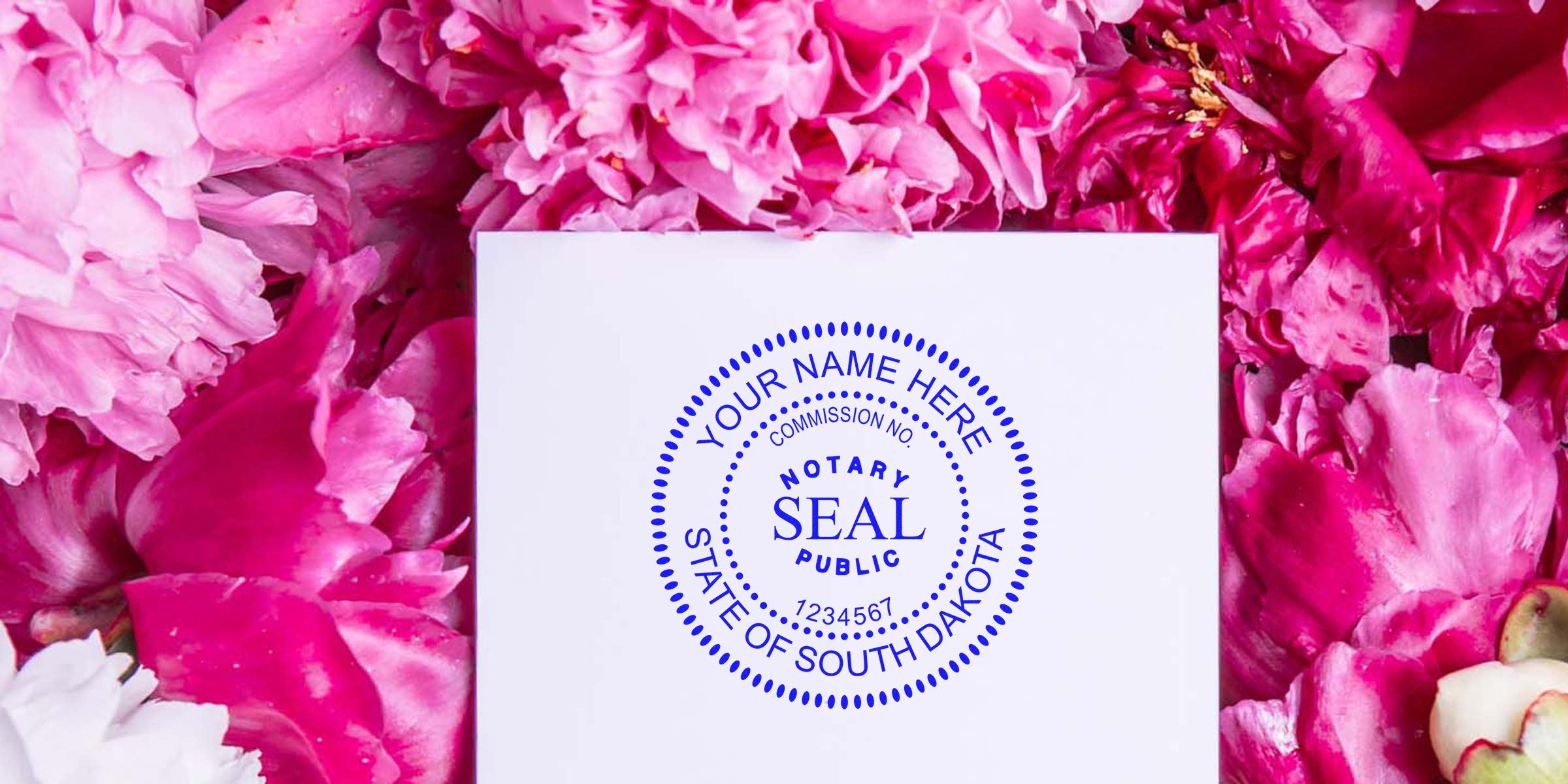 South Dakota notary seal on white paper with pink flowers, symbolizing South Dakota notary public and online notary services.