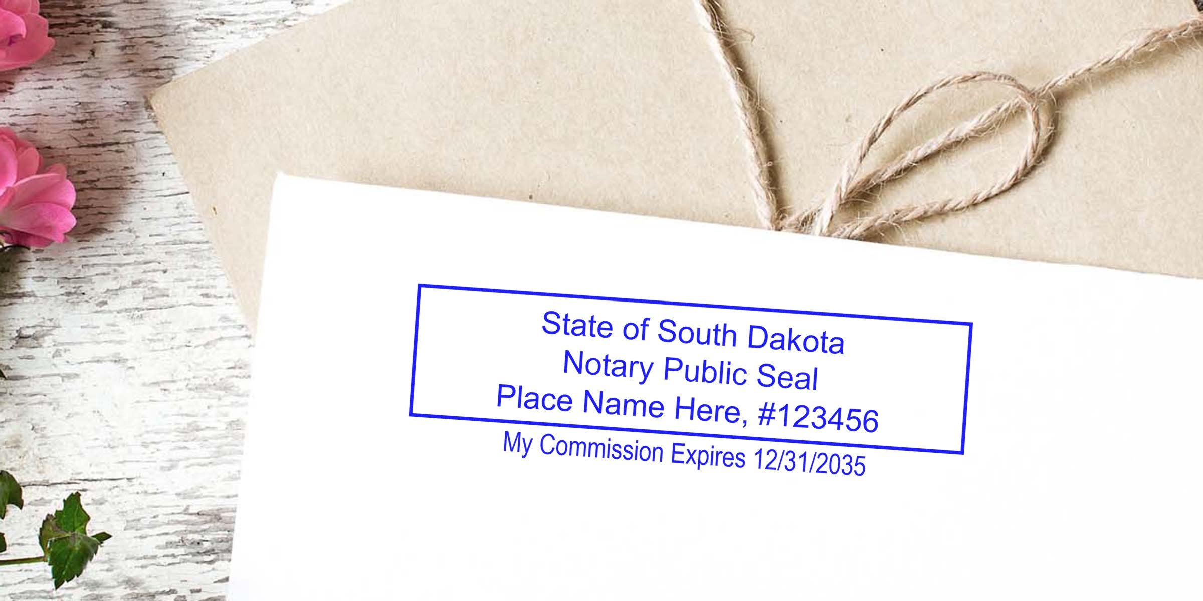 South Dakota Notary Starter Kit includes a notary public seal stamp on an envelope showing the commission expiration date, part of the South Dakota Notary Kit.