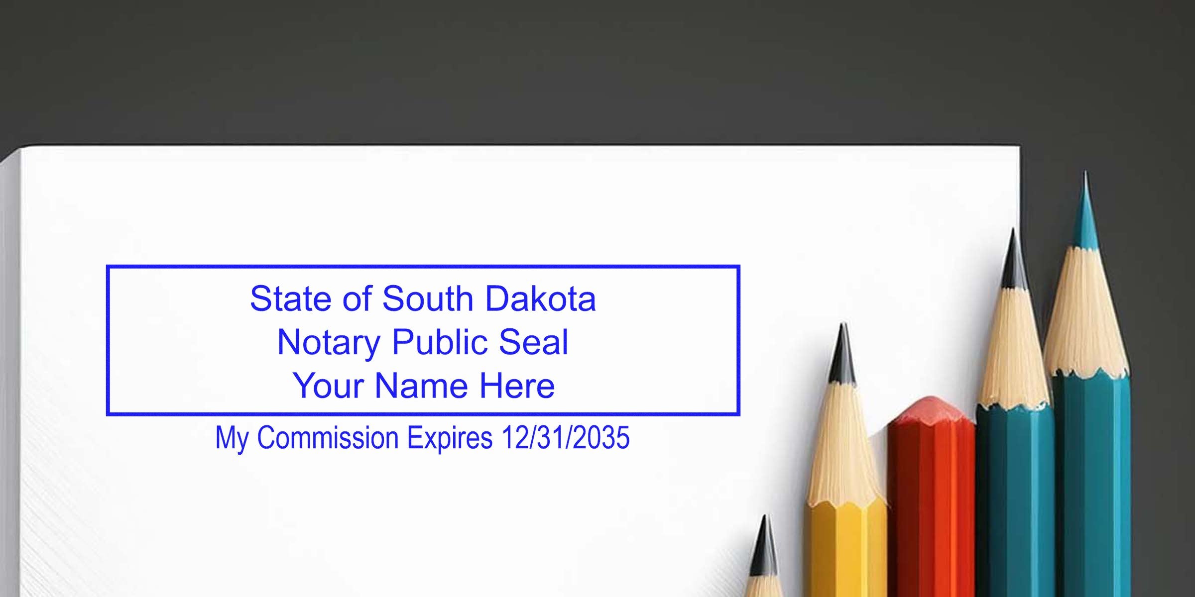 South Dakota notary public seal stamp with commission expiration date, colored pencils on white paper, displaying SD notary seal and different notary public seal options.