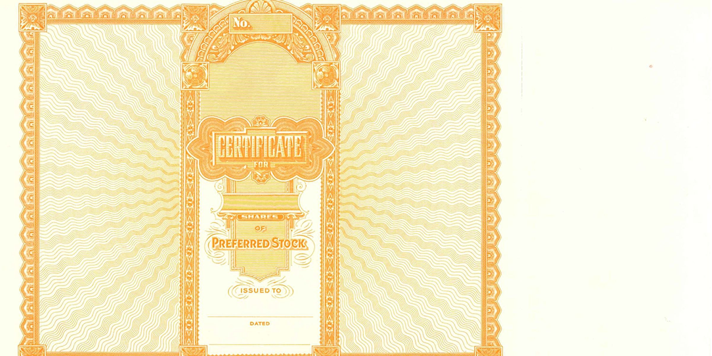 Vintage preferred stock certificate template with ornate orange-gold decorative border, blank issuer fields, and classic securities document design.