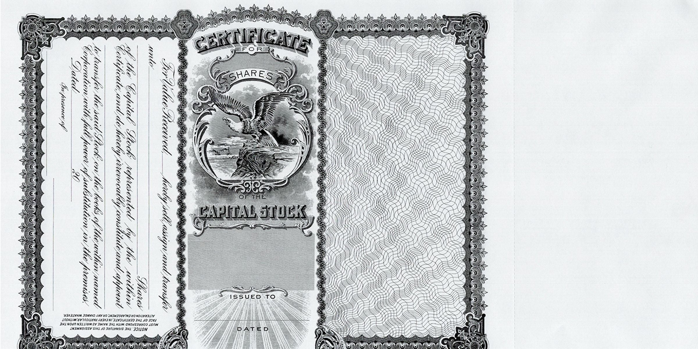 Vintage stock certificate template with ornate border, eagle engraving, and blank capital stock share fields in black and white