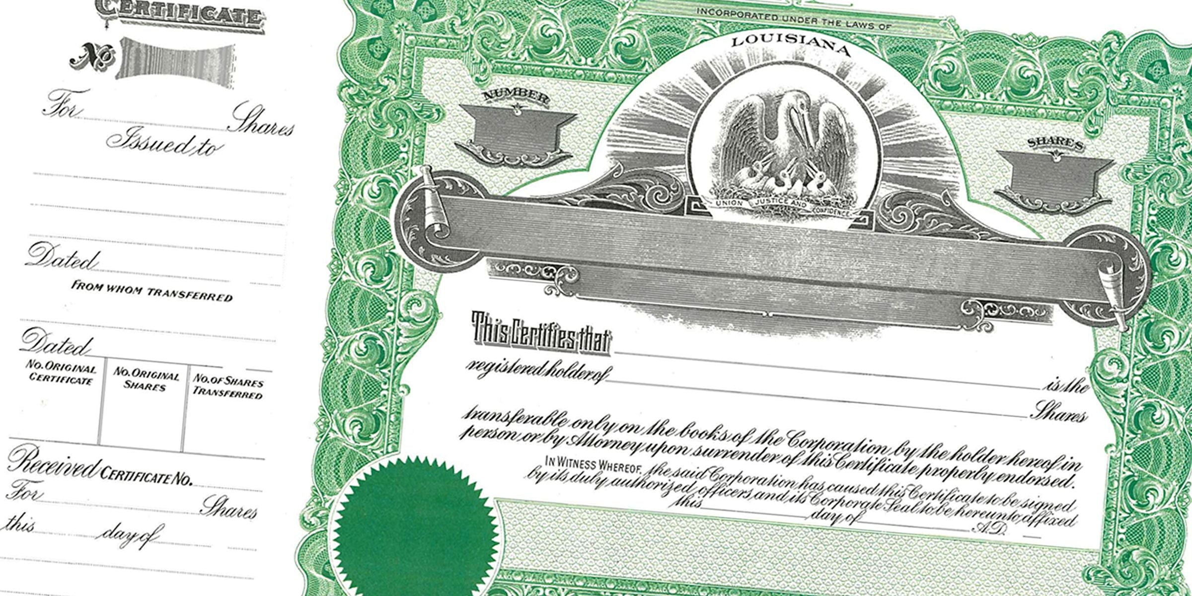Vintage Louisiana stock certificate with ornate green border, eagle seal, and blank fields for shares, date, and certificate number