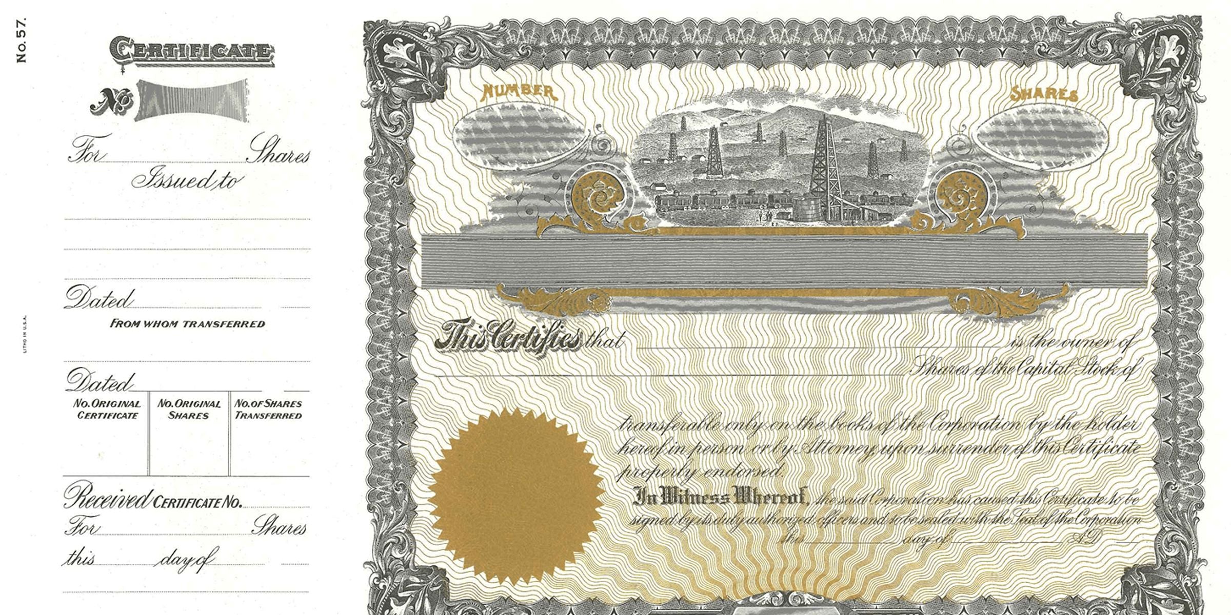 Vintage stock certificate template with ornate black-and-gold border, blank shareholder fields, and an oilfield drilling scene with derricks and landscape illustration.