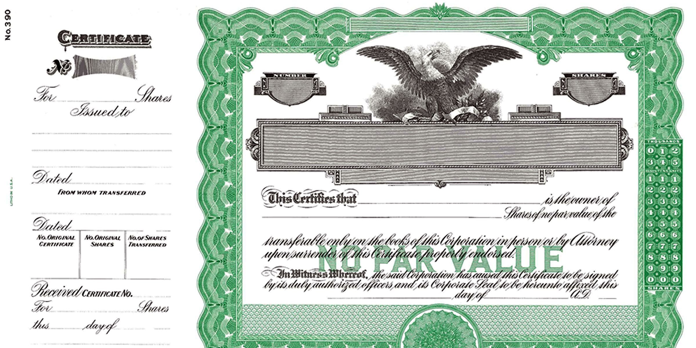 Vintage blank stock certificate template with ornate green border, eagle emblem, and fill-in fields for shares, date, and certificate number, classic investment document design