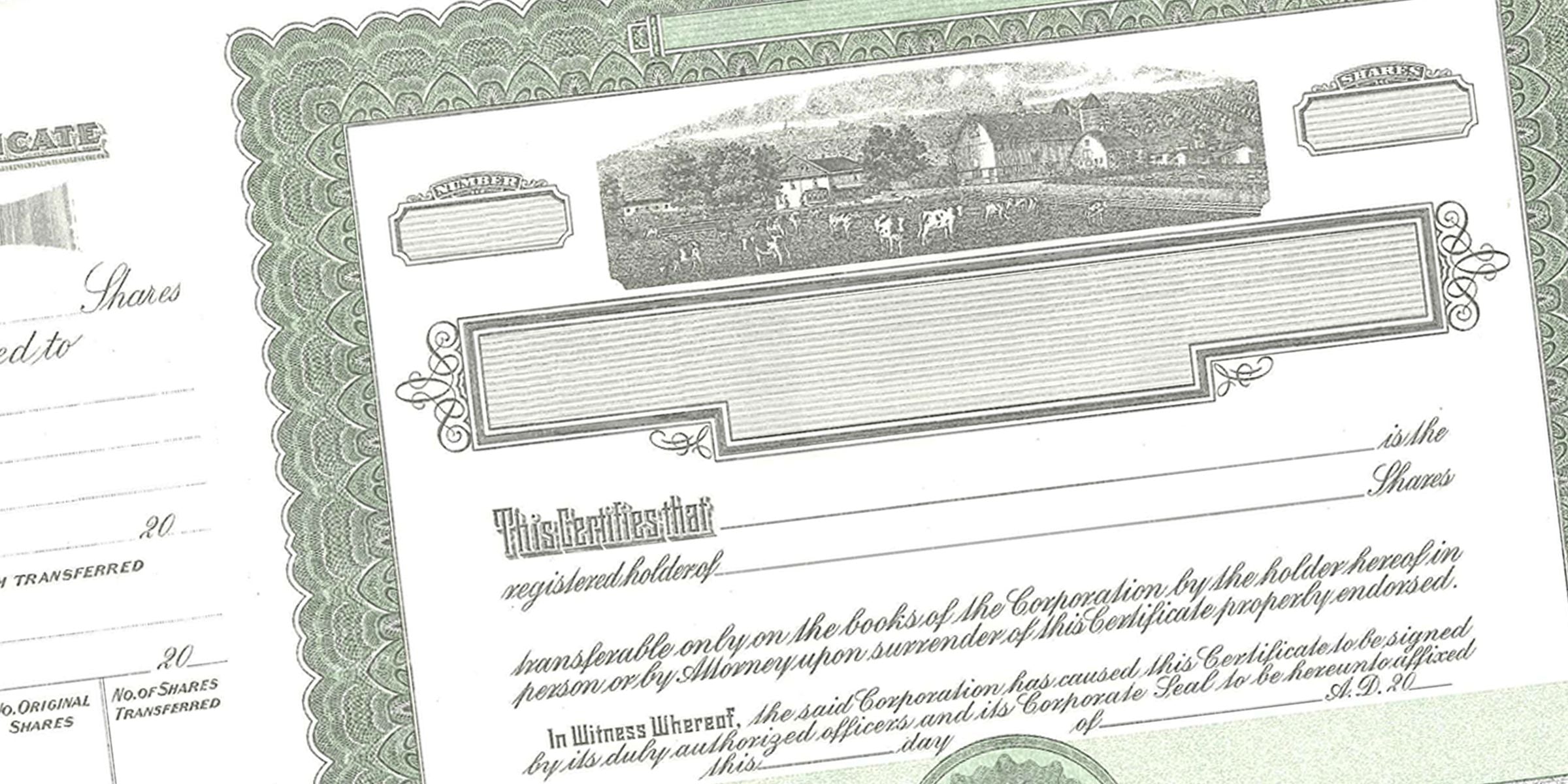 Vintage stock certificate with ornate green border, farm landscape illustration, and blank share fields, representing historic investment and agricultural business ownership
