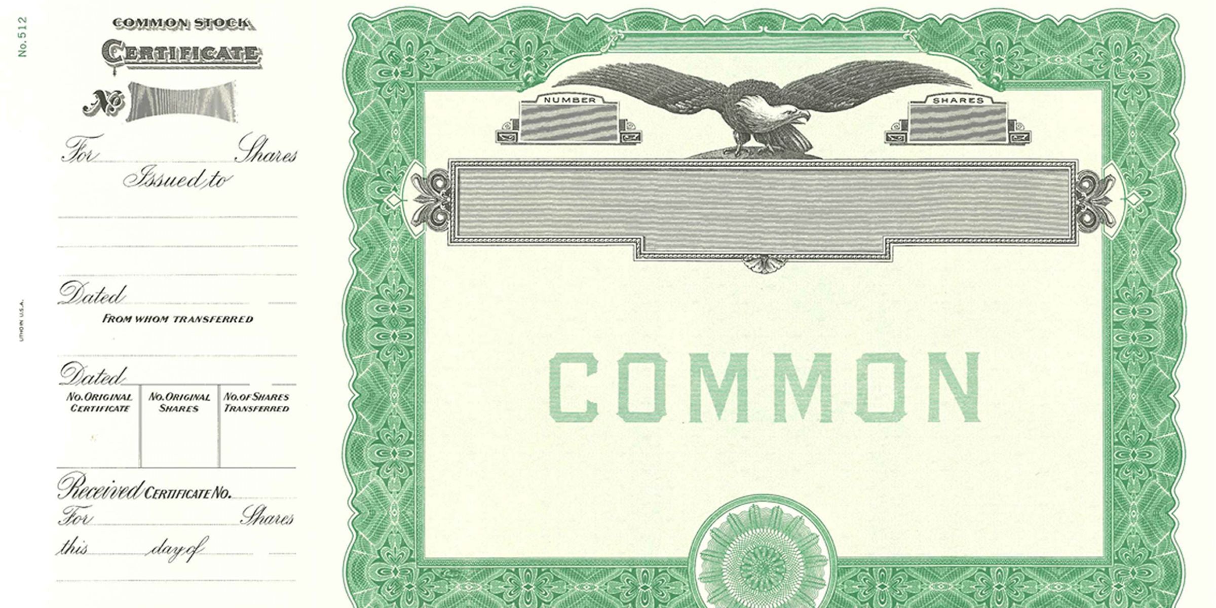 Vintage common stock certificate with ornate green border, eagle emblem, and blank share transfer fields, antique stock share certificate template design
