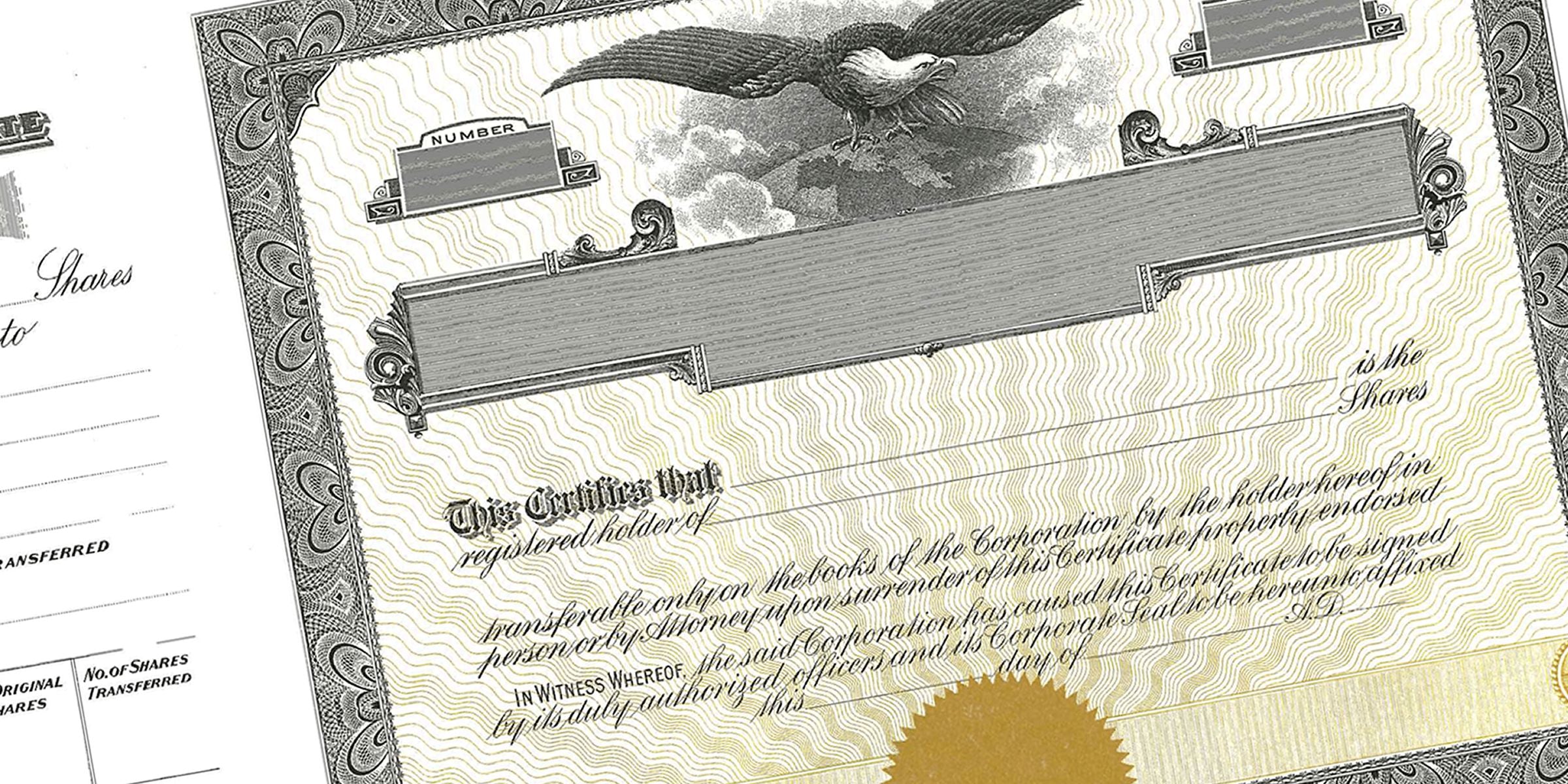 Vintage stock certificate with ornate border, eagle illustration, and blank share and number fields on a decorative investment document.