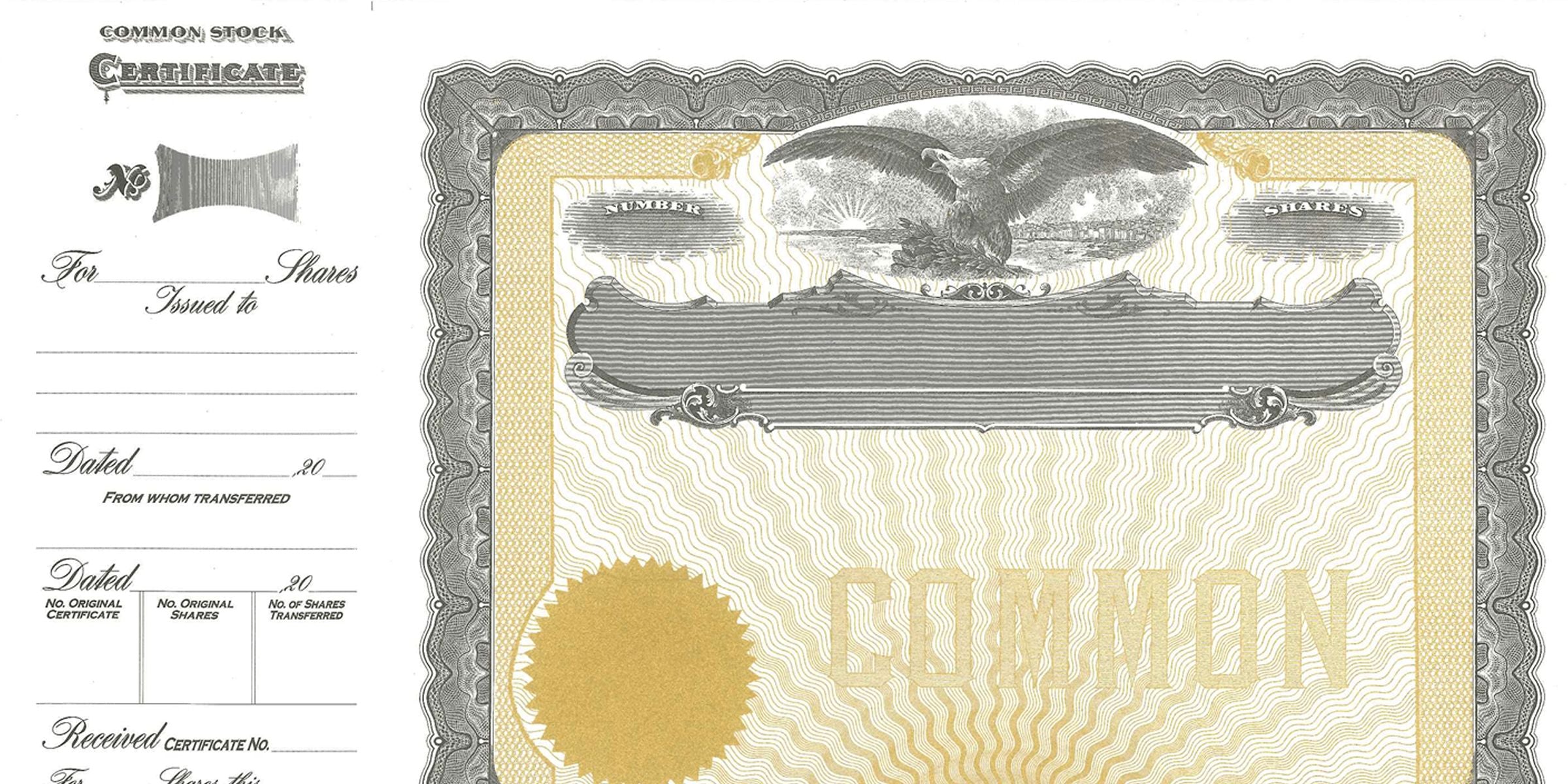 Vintage common stock certificate with ornate border, eagle illustration, blank share fields, and gold seal for corporate stock ownership രേഖ