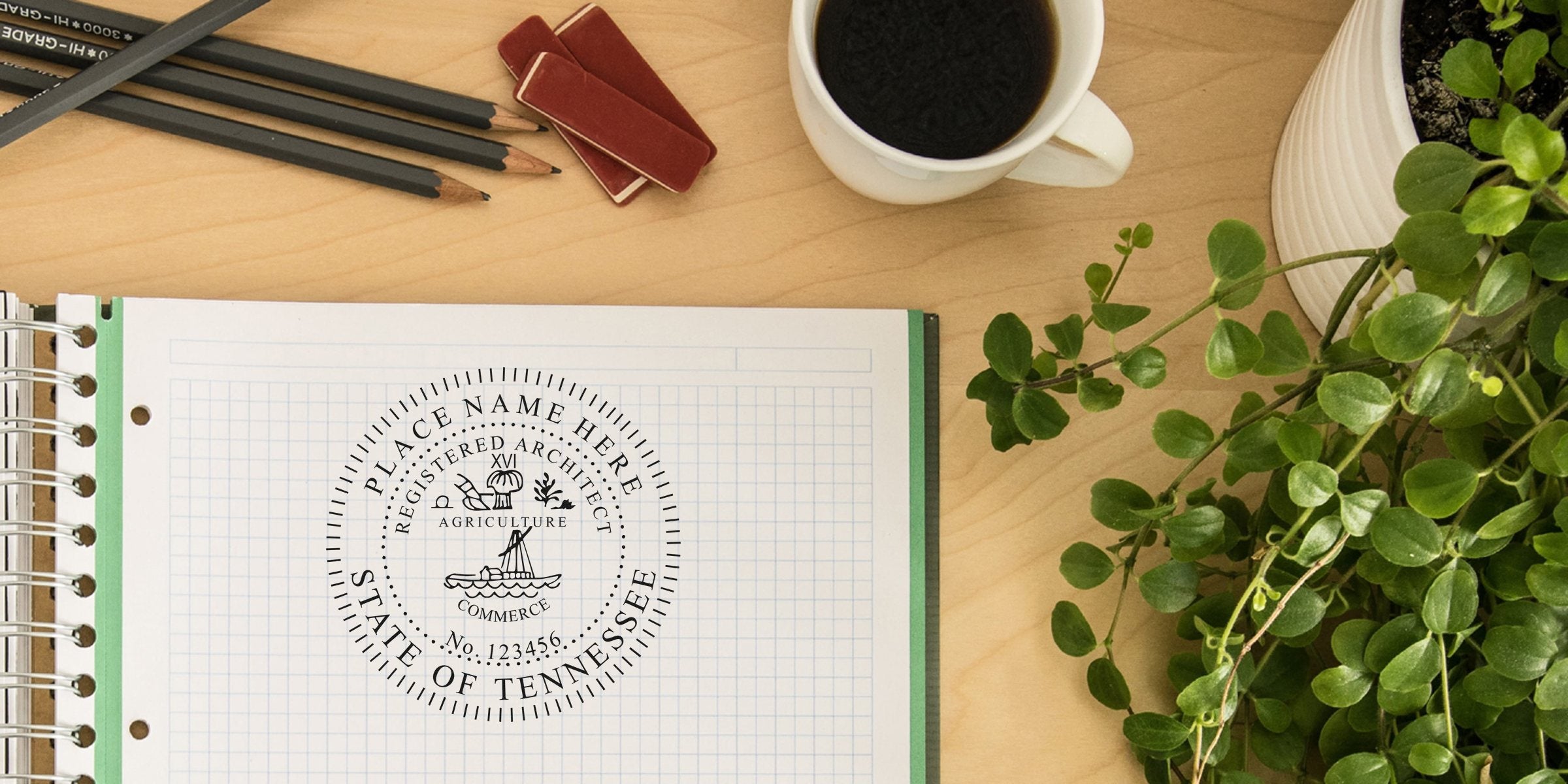 Registered architect stamp on notebook with desk, coffee, and plant, showing Tennessee architect seal for online license verification.