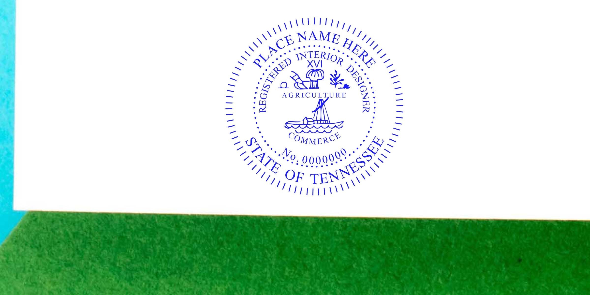 Tennessee interior designer seal stamp on white paper with green and blue background, emphasizing Tennessee interior design regulations and licensing requirements.