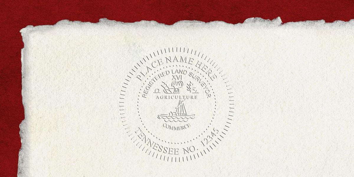 Embossed Tennessee land surveyor seal on textured paper with red background, official registered stamp showing agriculture and commerce symbols, made using embosser tips.