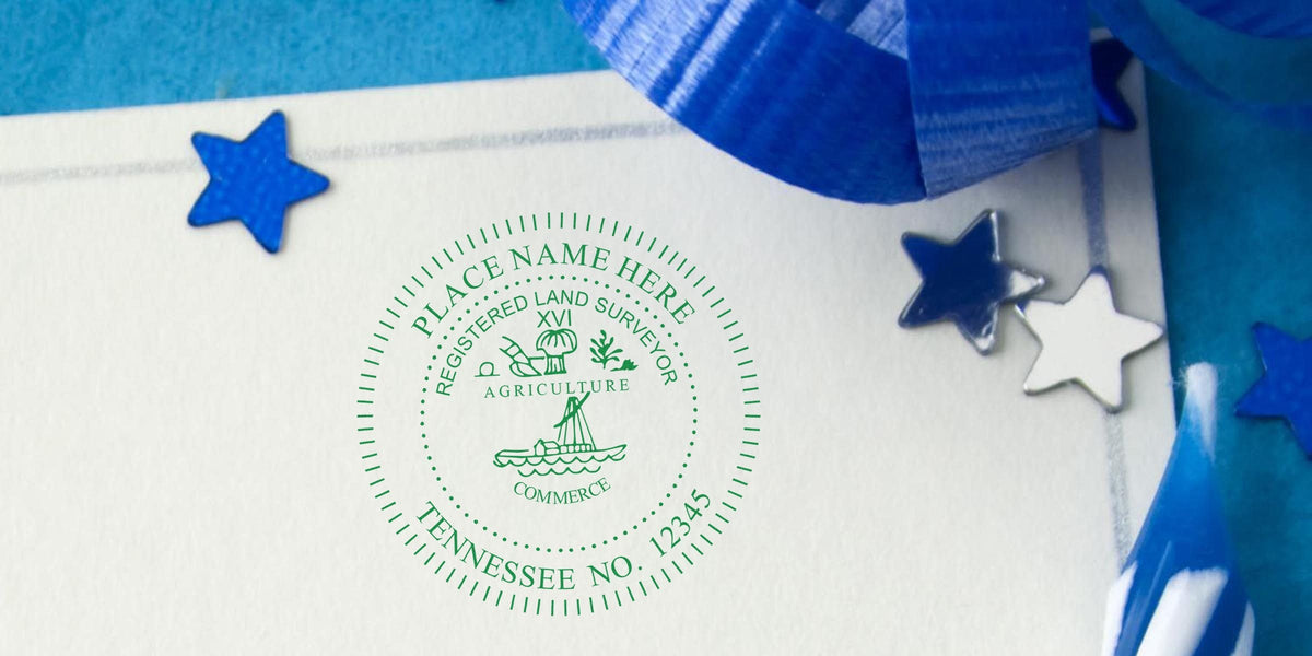 Tennessee land surveyor stamp on official document, surrounded by blue star confetti and ribbon, highlighting Tennessee land surveyor stamp cost and fees.