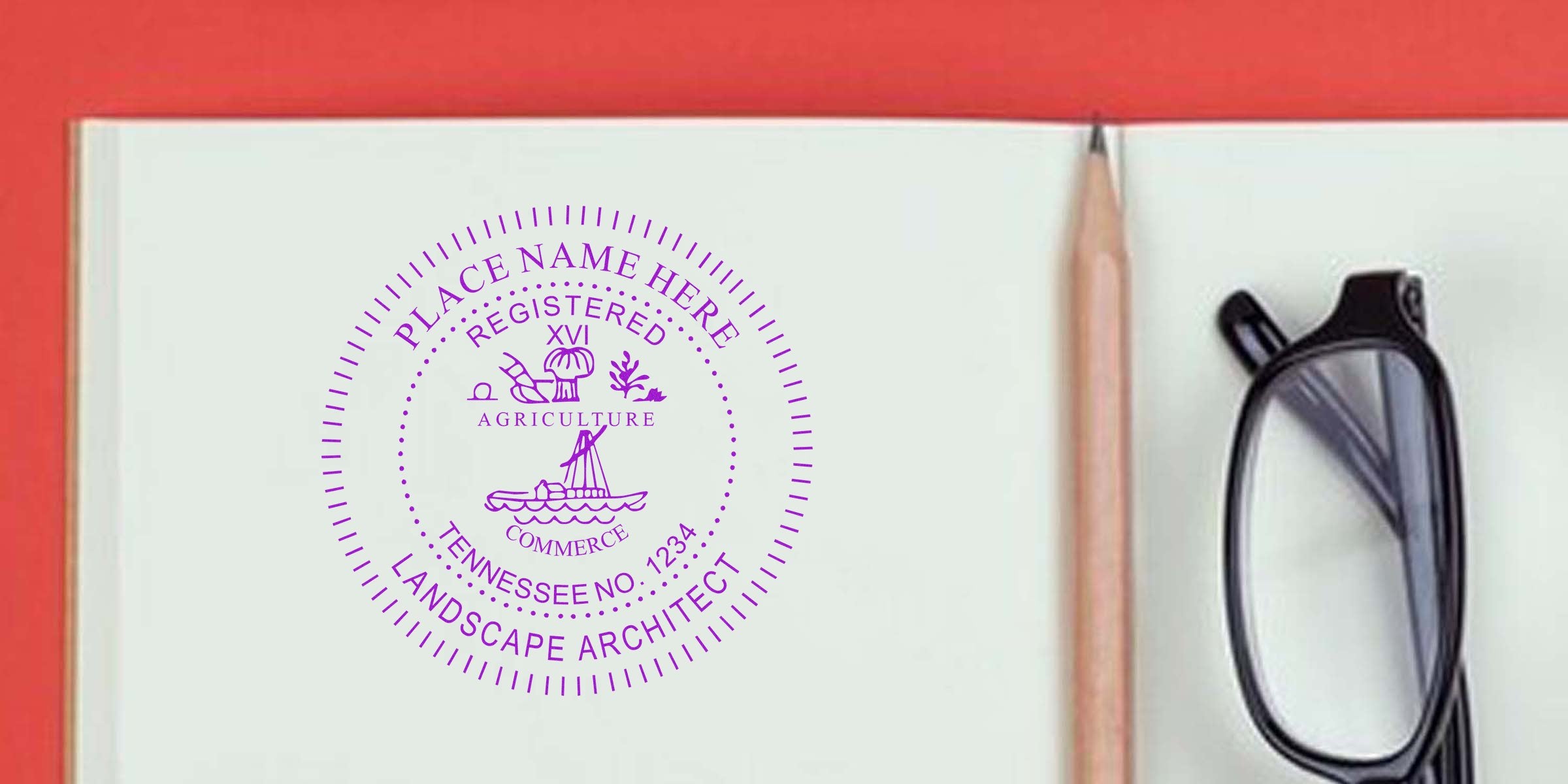 Open notebook with pencil and black glasses on red background, showing Tennessee landscape architect seal stamp and business embossing tools.