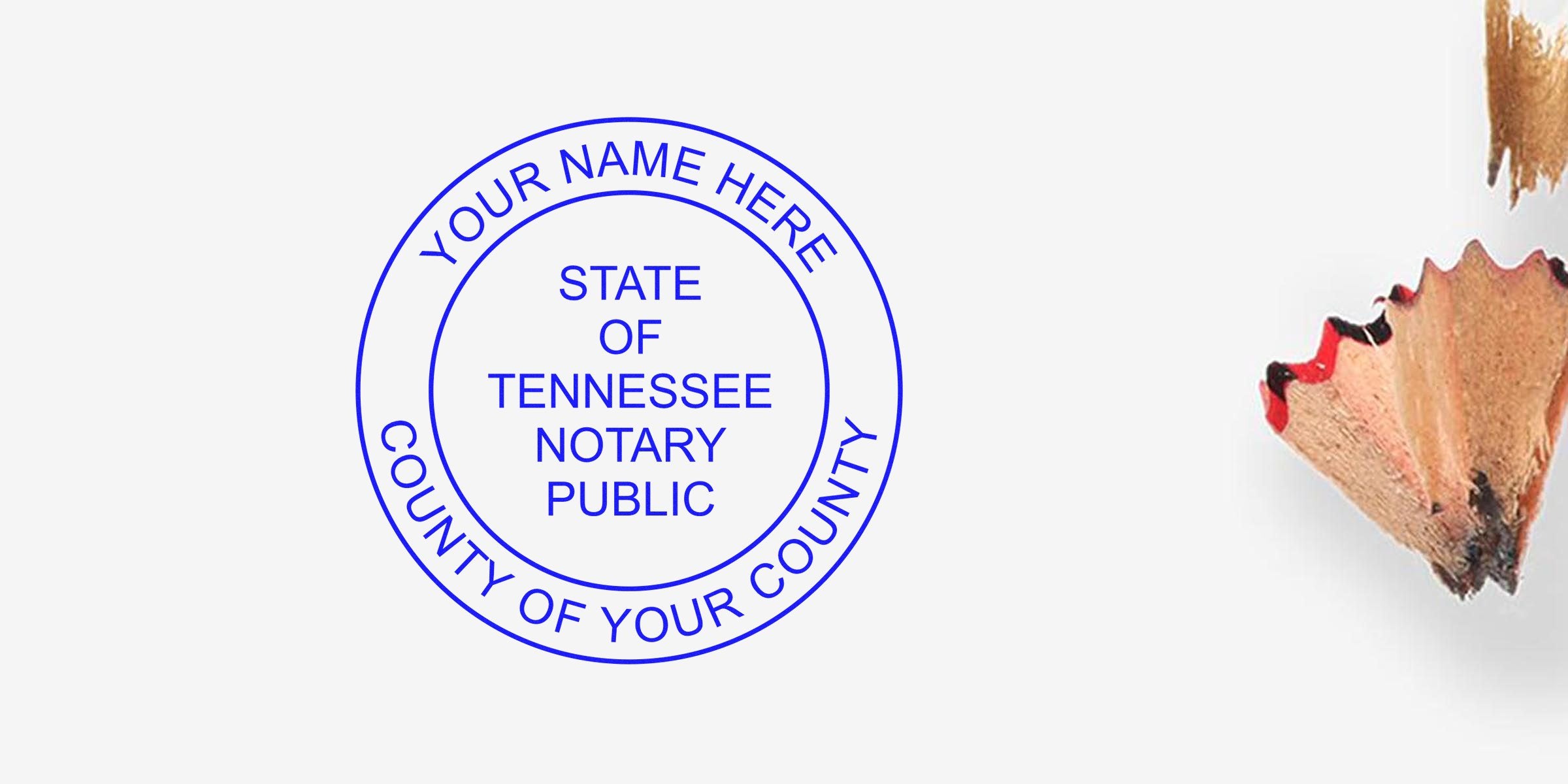 Tennessee notary stamp with pencil shavings, symbolizing official notary supplies for Tennessee notary services.