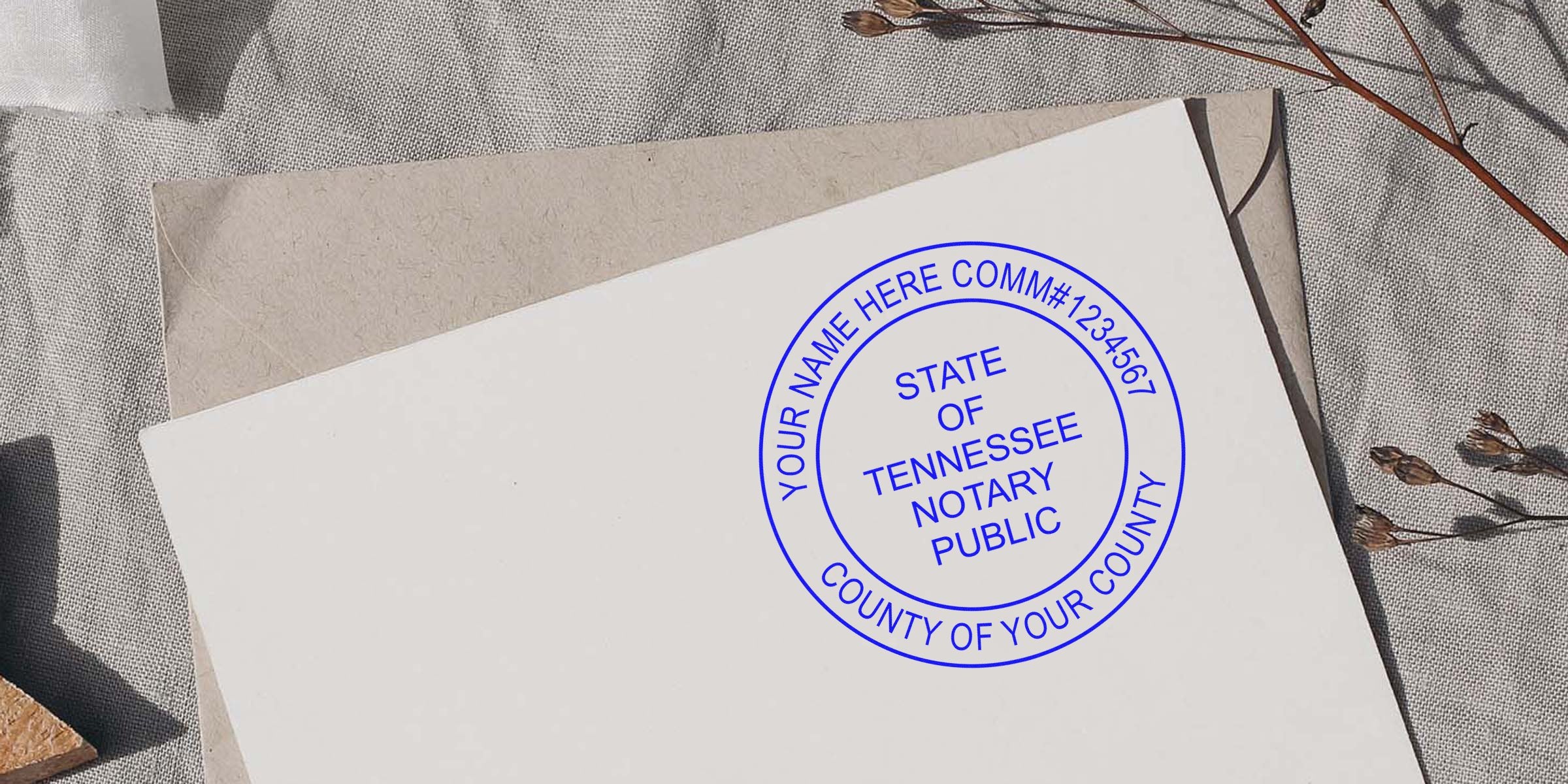 Tennessee notary public stamp on envelope for official document authentication, a key item in a Tennessee notary kit and noted in notary supplies guides.