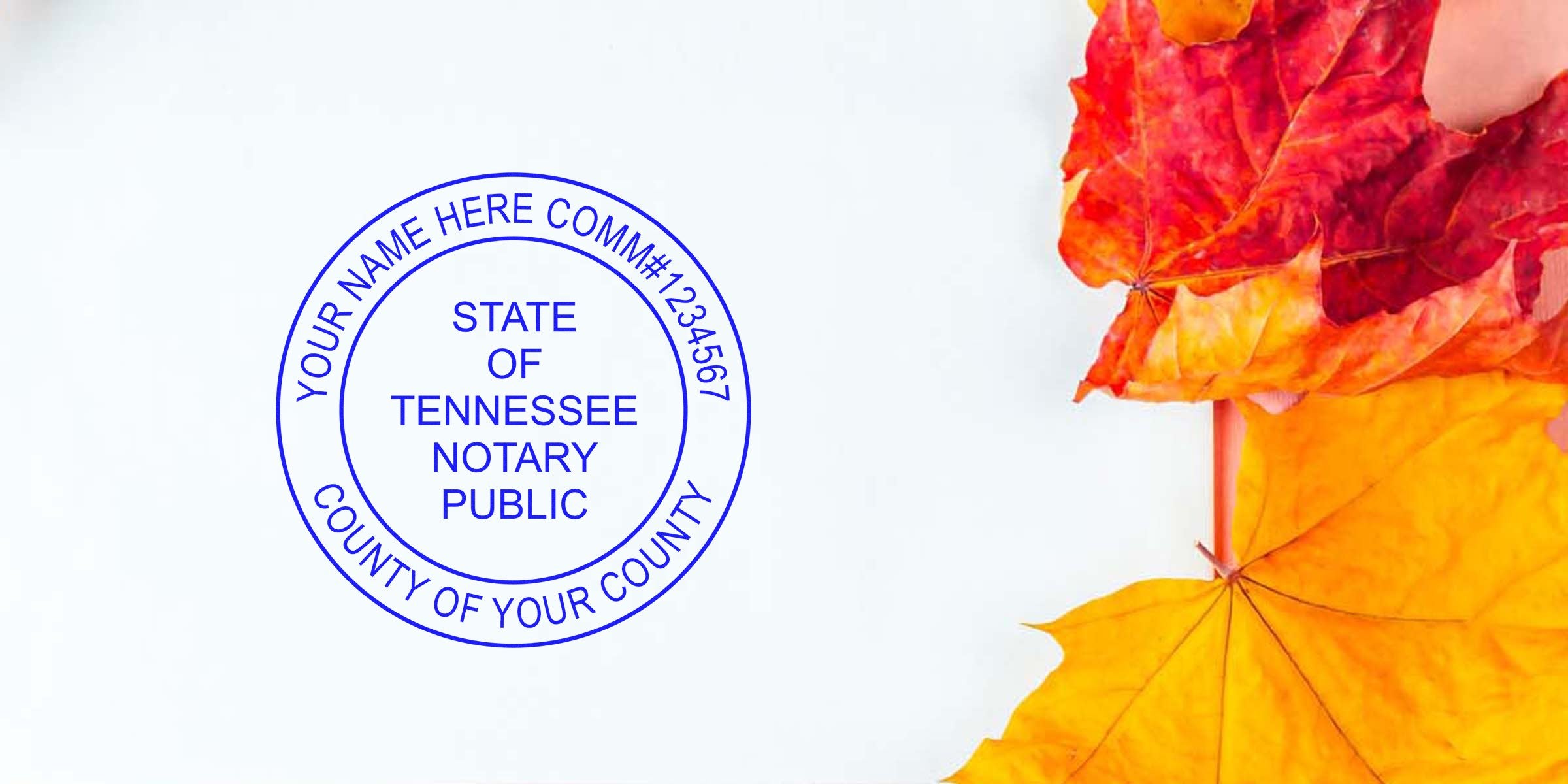 Tennessee notary public stamp shown with autumn leaves, alongside a Tennessee notary kit and starter guide.