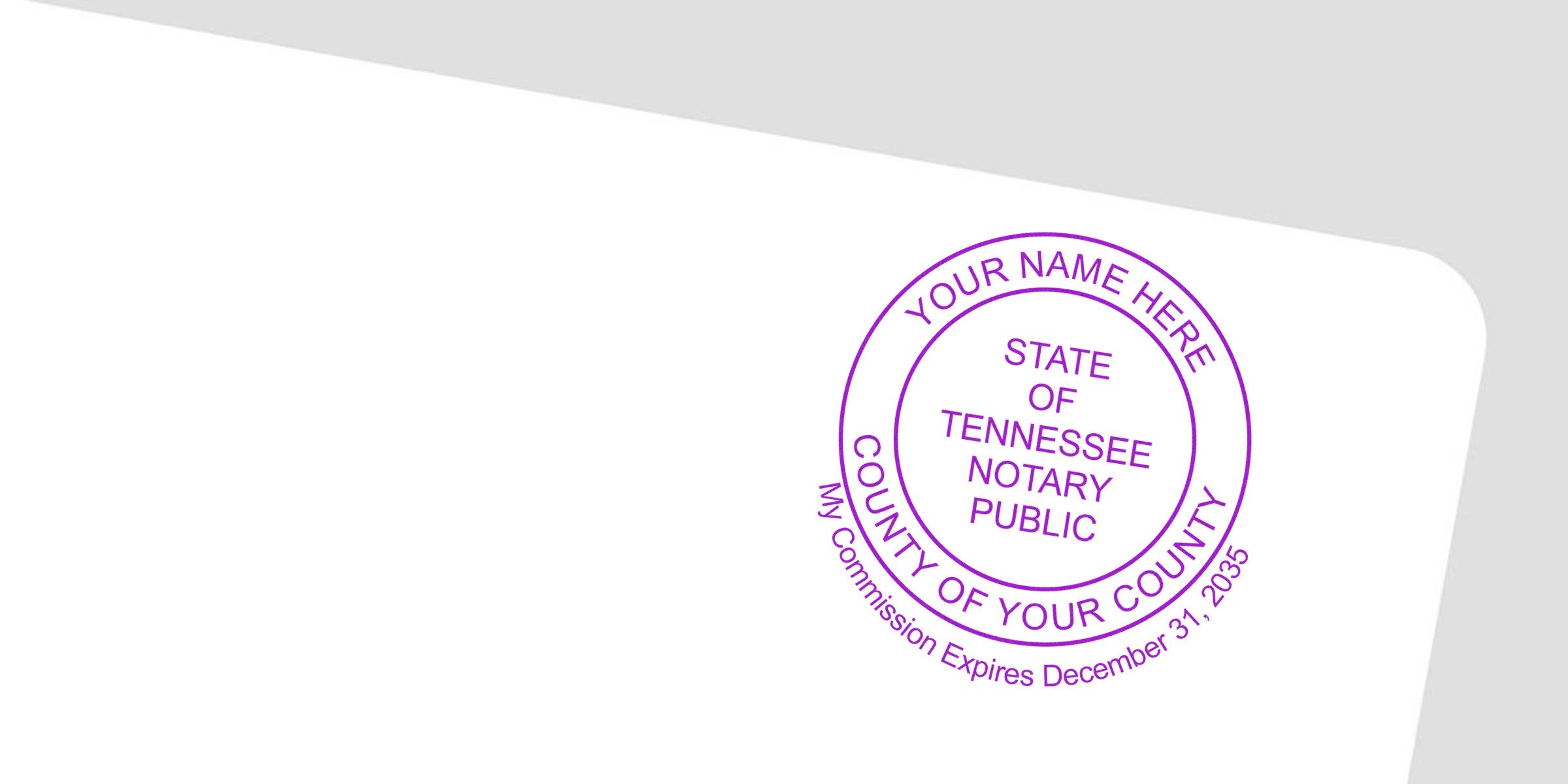 Tennessee notary public stamp with customizable name and county, ideal for official documents. Get a professional, personalized Tennessee notary stamp today.