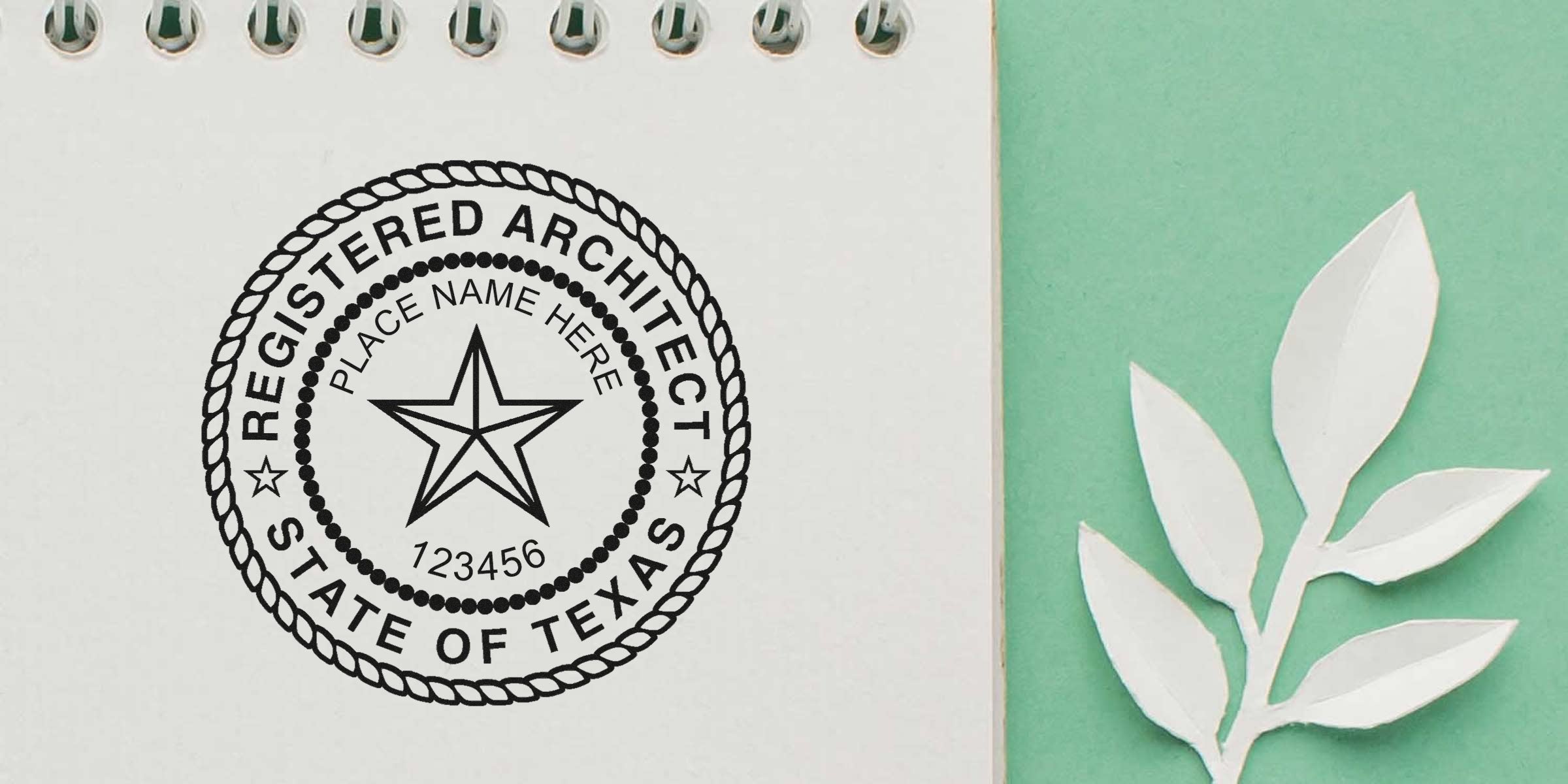 Registered architect seal on white notepad with green background, displaying Texas architect seal size and meeting Texas license verification requirements.