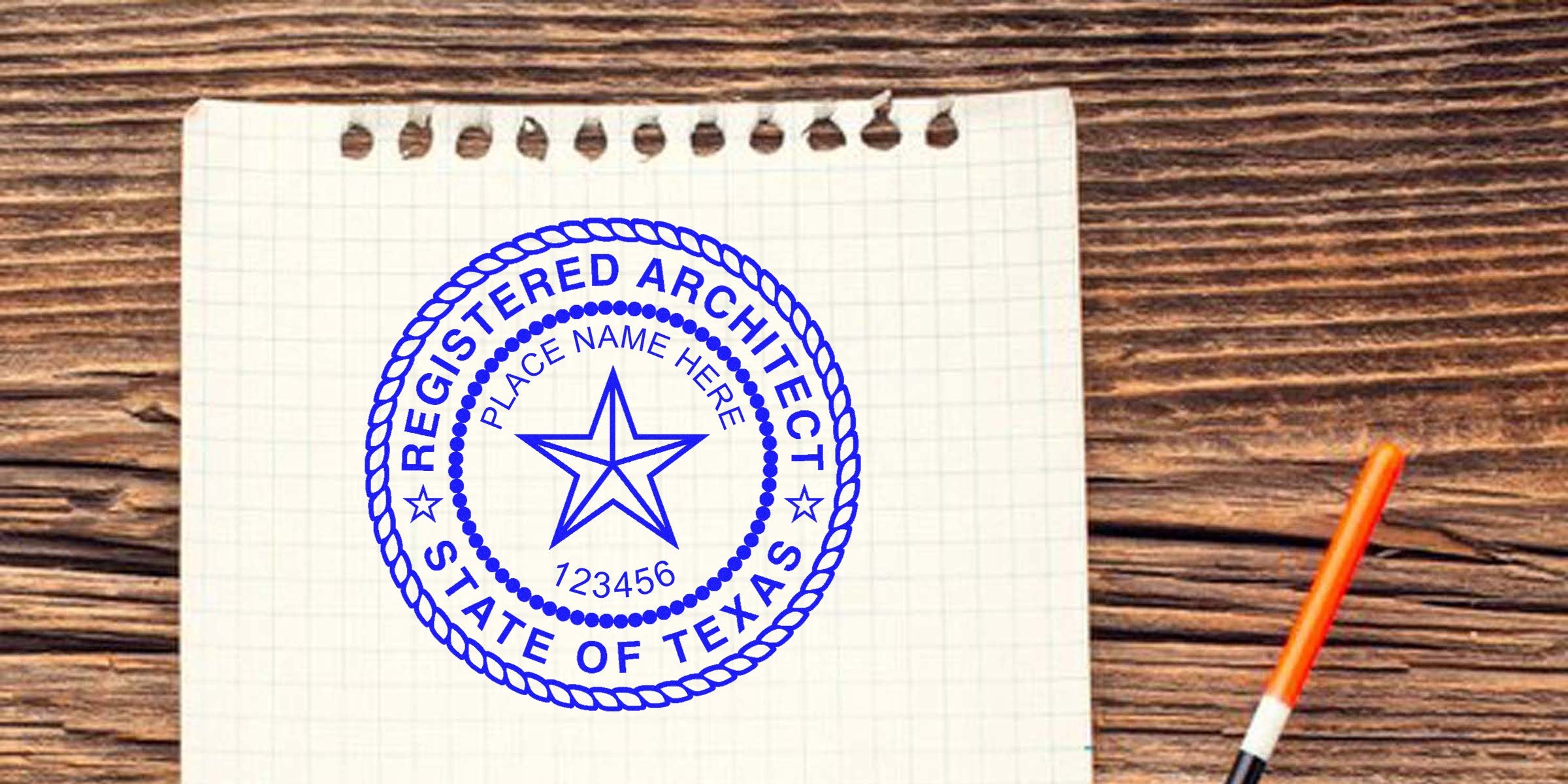 Texas architect stamp on paper with pen, official registered architect seal, license verification, buy architect stamp online.