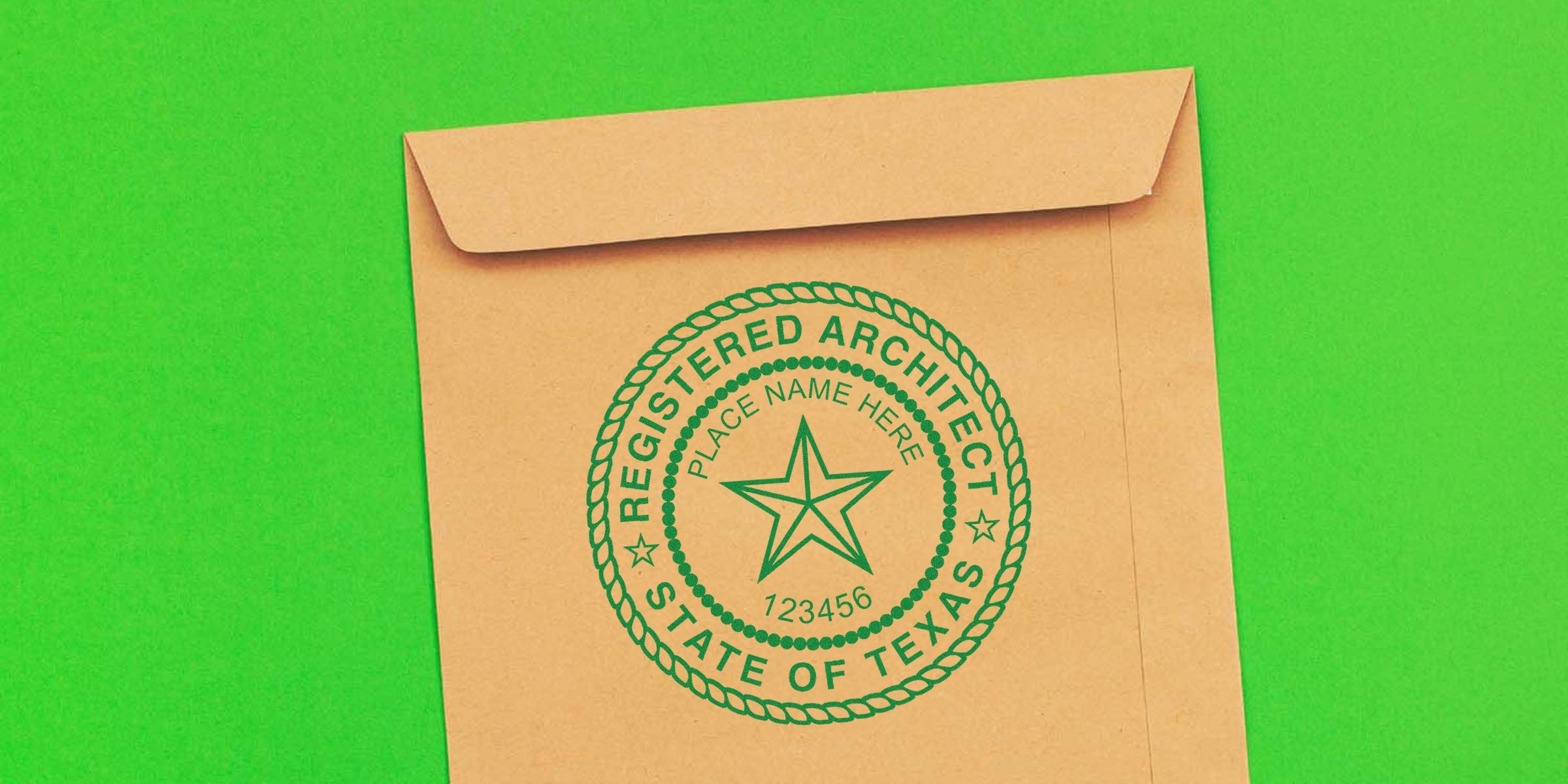 Texas architect stamp on brown envelope verifying licensed professional architect services.