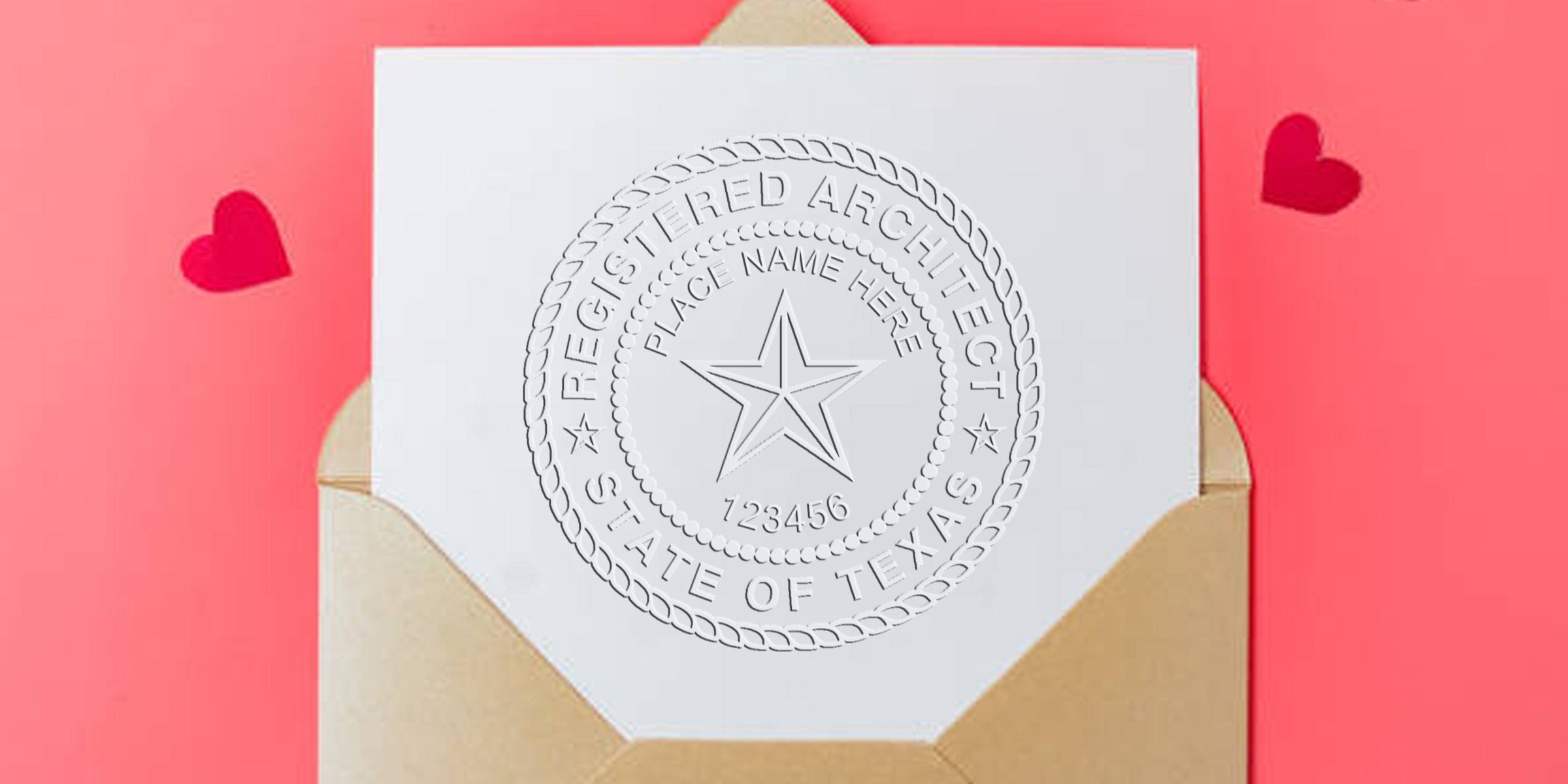 Texas architect stamp embossed on white card inside brown envelope with red hearts, ideal for ordering architect stamps online.