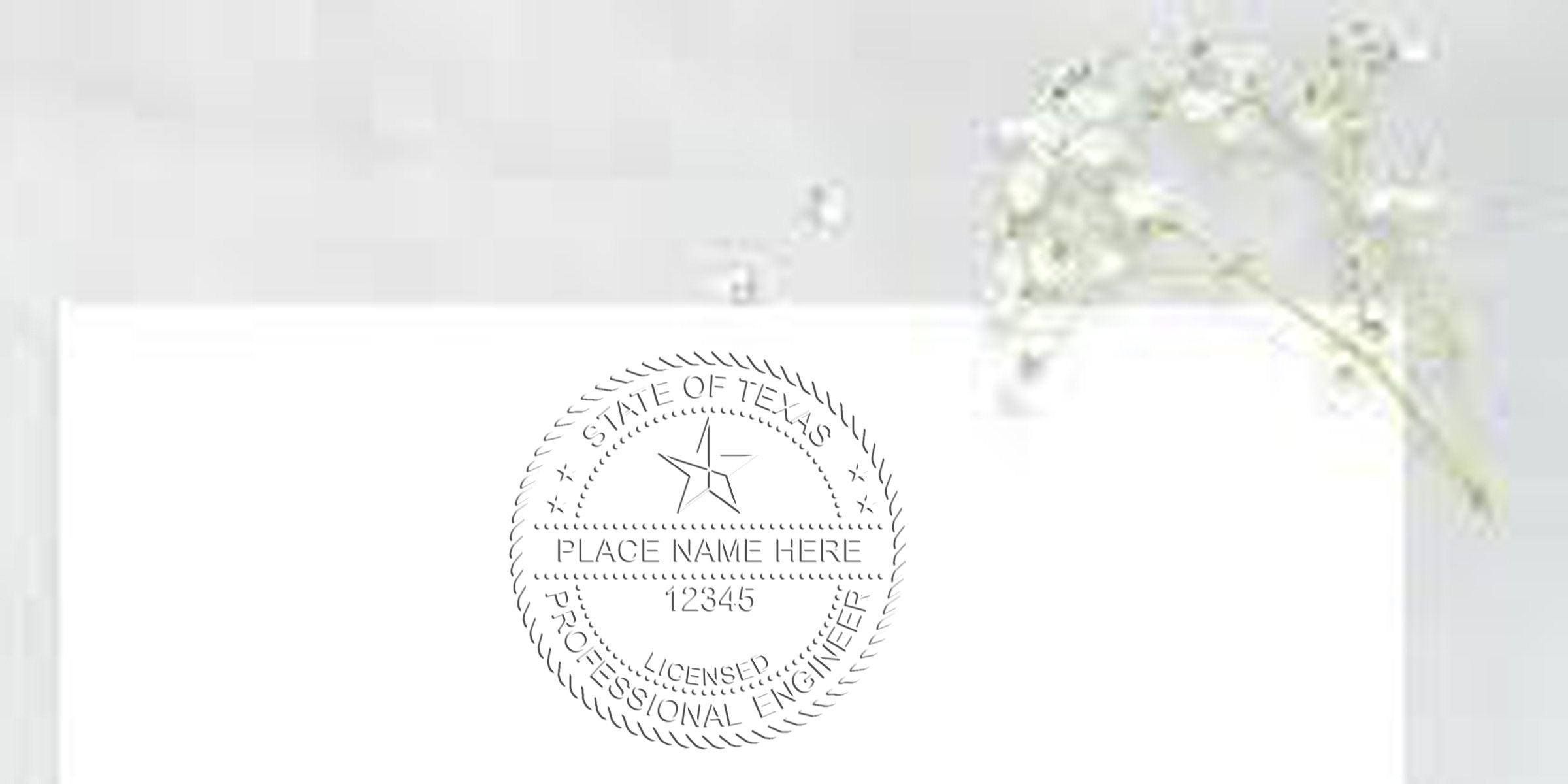Texas PE Seal on white paper with delicate white flowers, emphasizing Professional Engineer requirements in Texas.