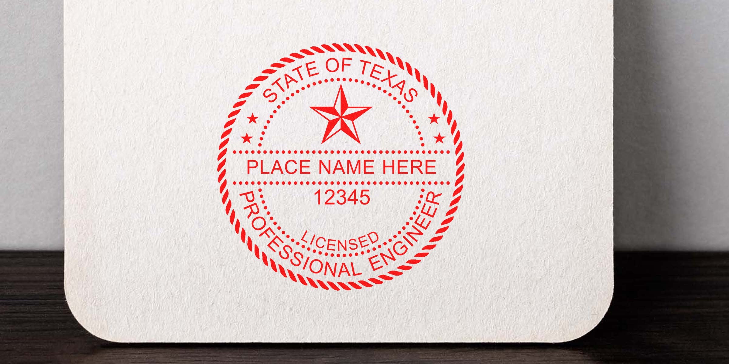 Texas professional engineer stamp meets Texas PE requirements, with customizable place name and license number.