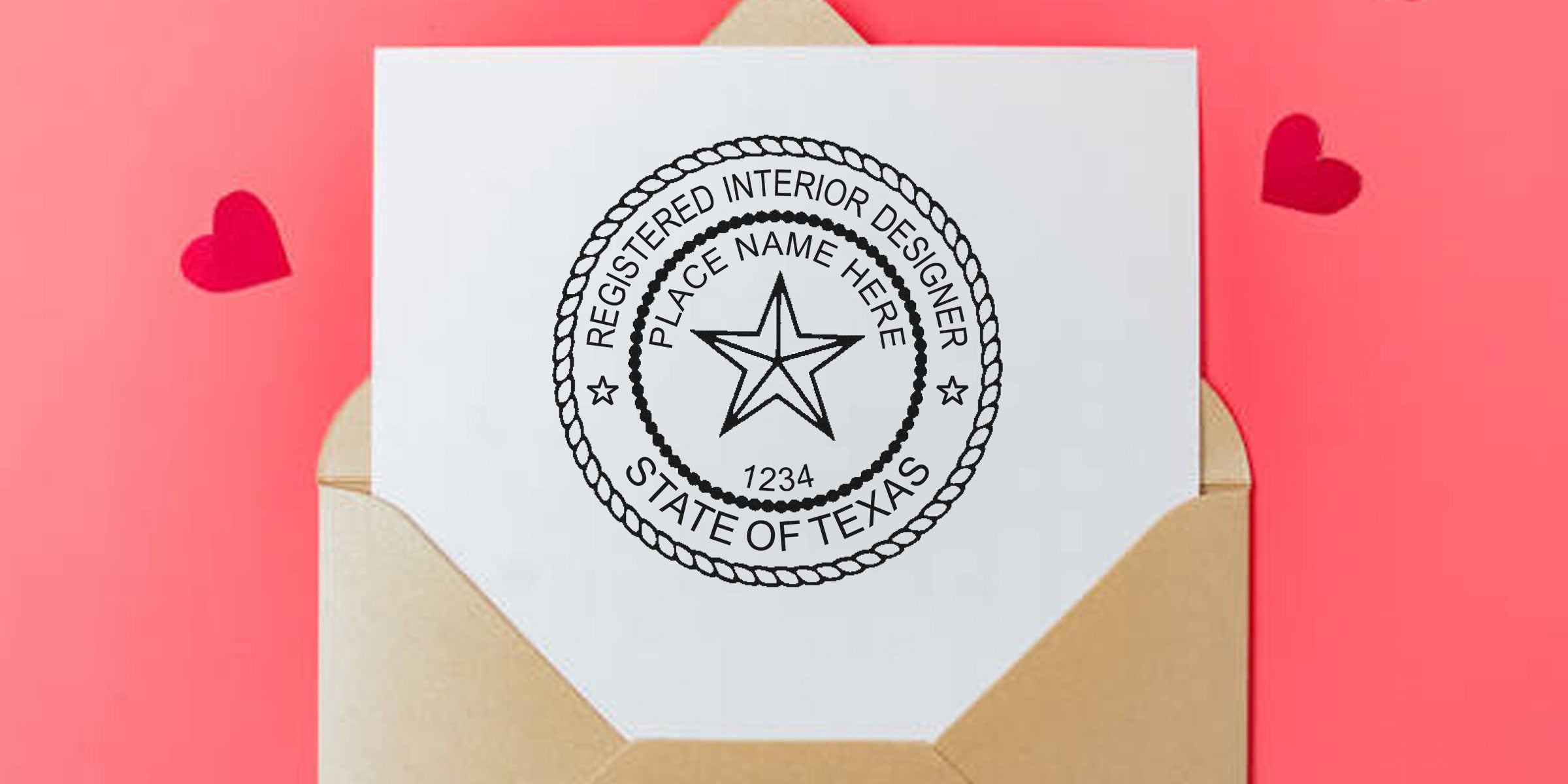 Texas Interior Designer Seal on white card in brown envelope with red hearts, symbolizing Texas Interior Designer Seal and License Renewal.