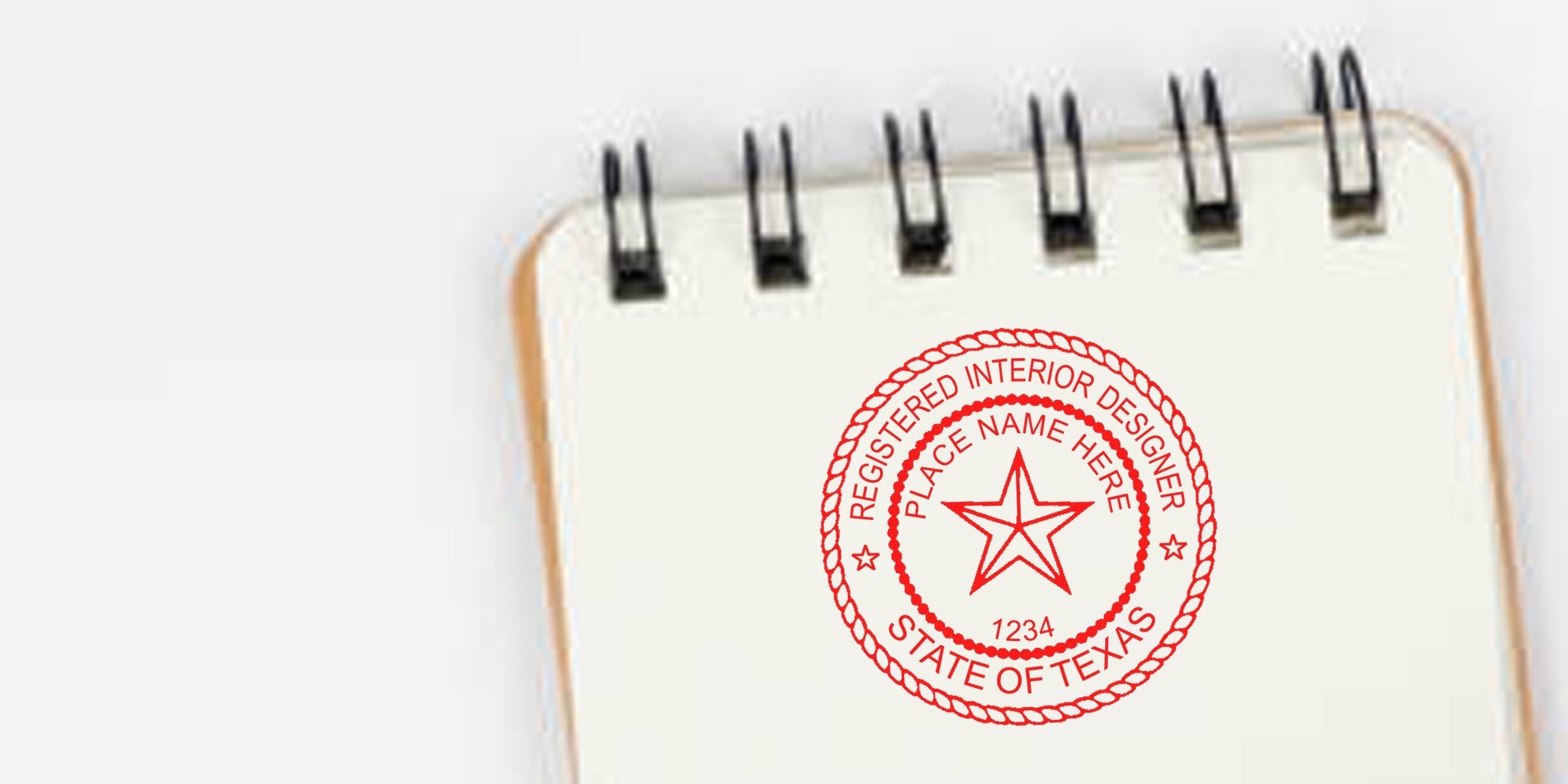 Registered interior designer stamp on notebook, official Texas interior design seal, reflecting Texas regulations and certification requirements.
