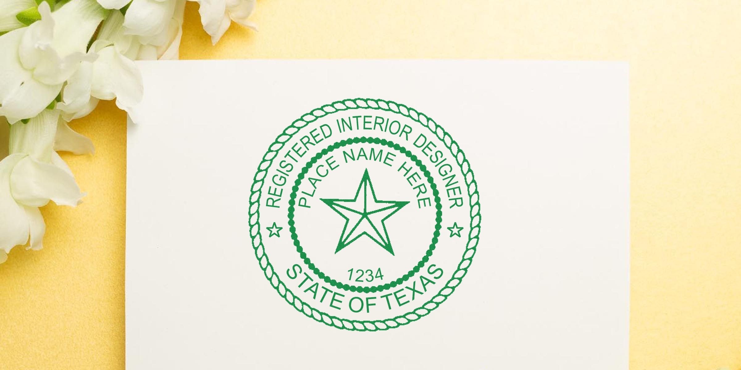 Texas interior designer seal embossed on white paper with flowers, meeting Texas professional interior design certification embossing standards.