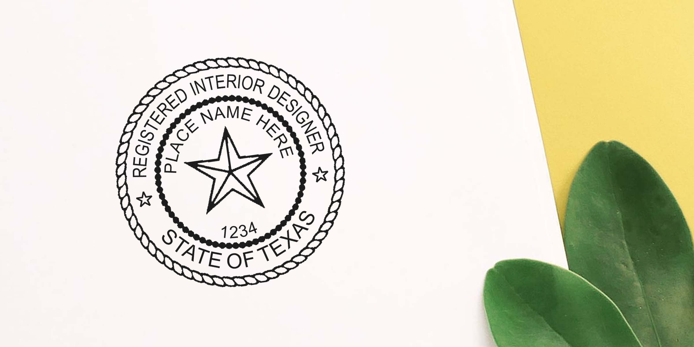 Texas interior designer seal with green leaves on yellow, symbolizing licensed interior design in Texas.