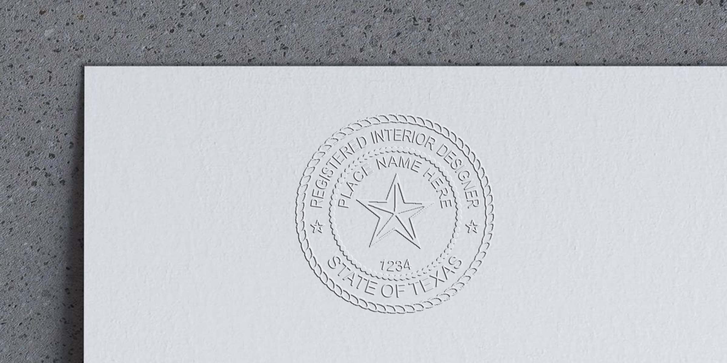 Embossed seal of a registered interior designer on white paper, showing Texas interior design certification stamp per seal design guidelines.